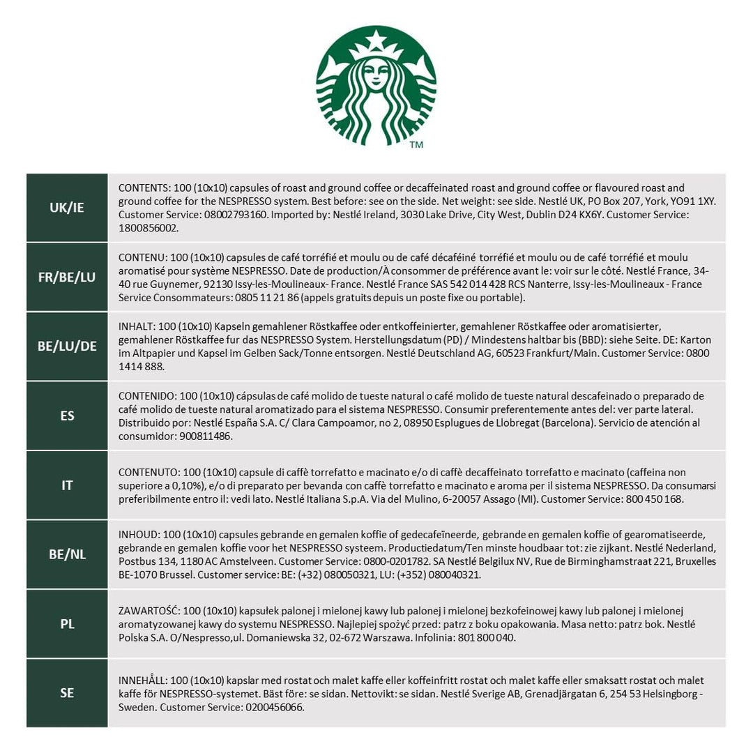 STARBUCKS - Ristretto Shot by Nespresso Dark Roast Coffee Capsules 100 Count