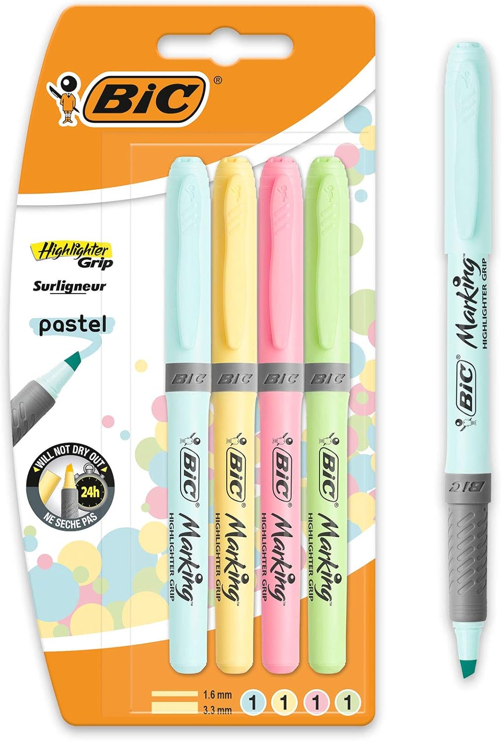 Bic Highlighter Grip Pens with Anti-Drying Technology in 4 Assorted Colors, Pack of 4