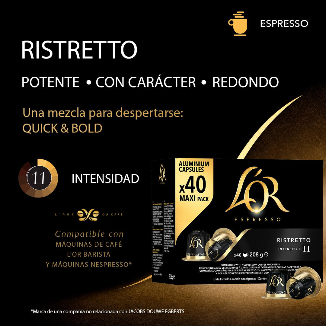 L'OR Espresso Ristretto Intensité 11 - 40 Aluminum Capsules for Nespresso