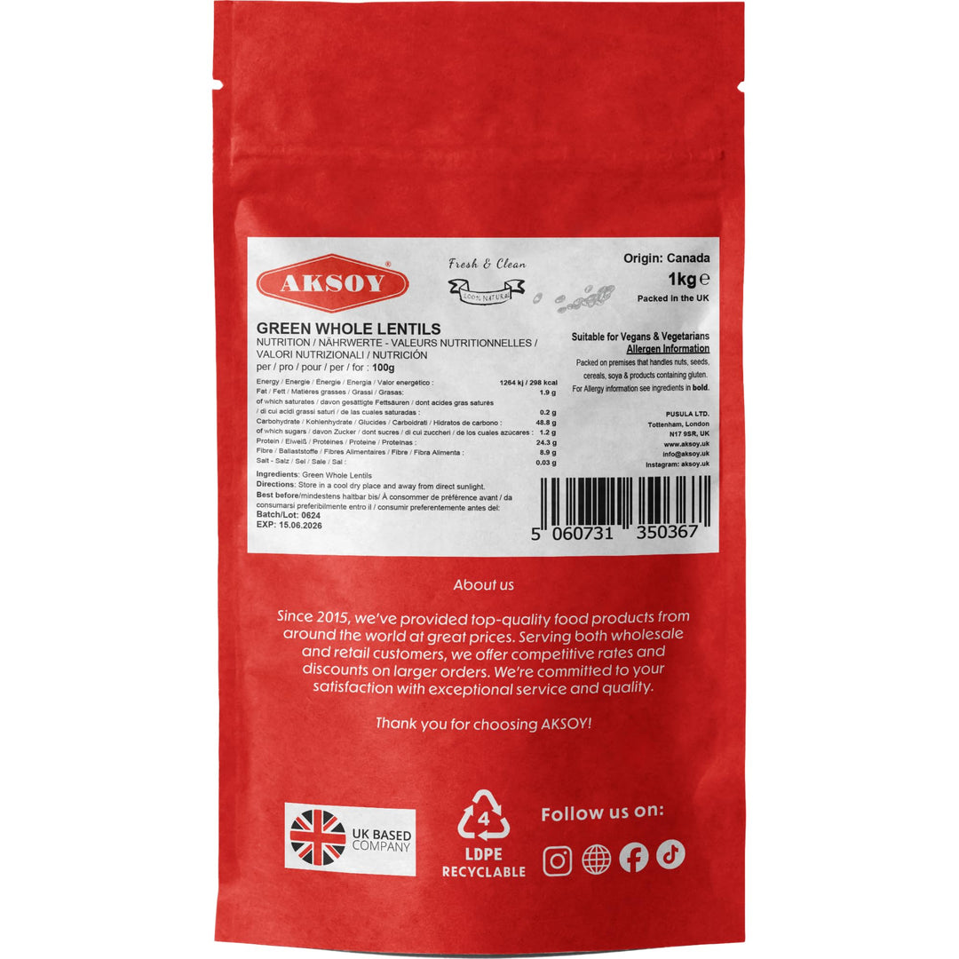 Aksoy Green Whole Lentils 1KG – High Protein, Fiber-Rich Pulses for Salads and Curries