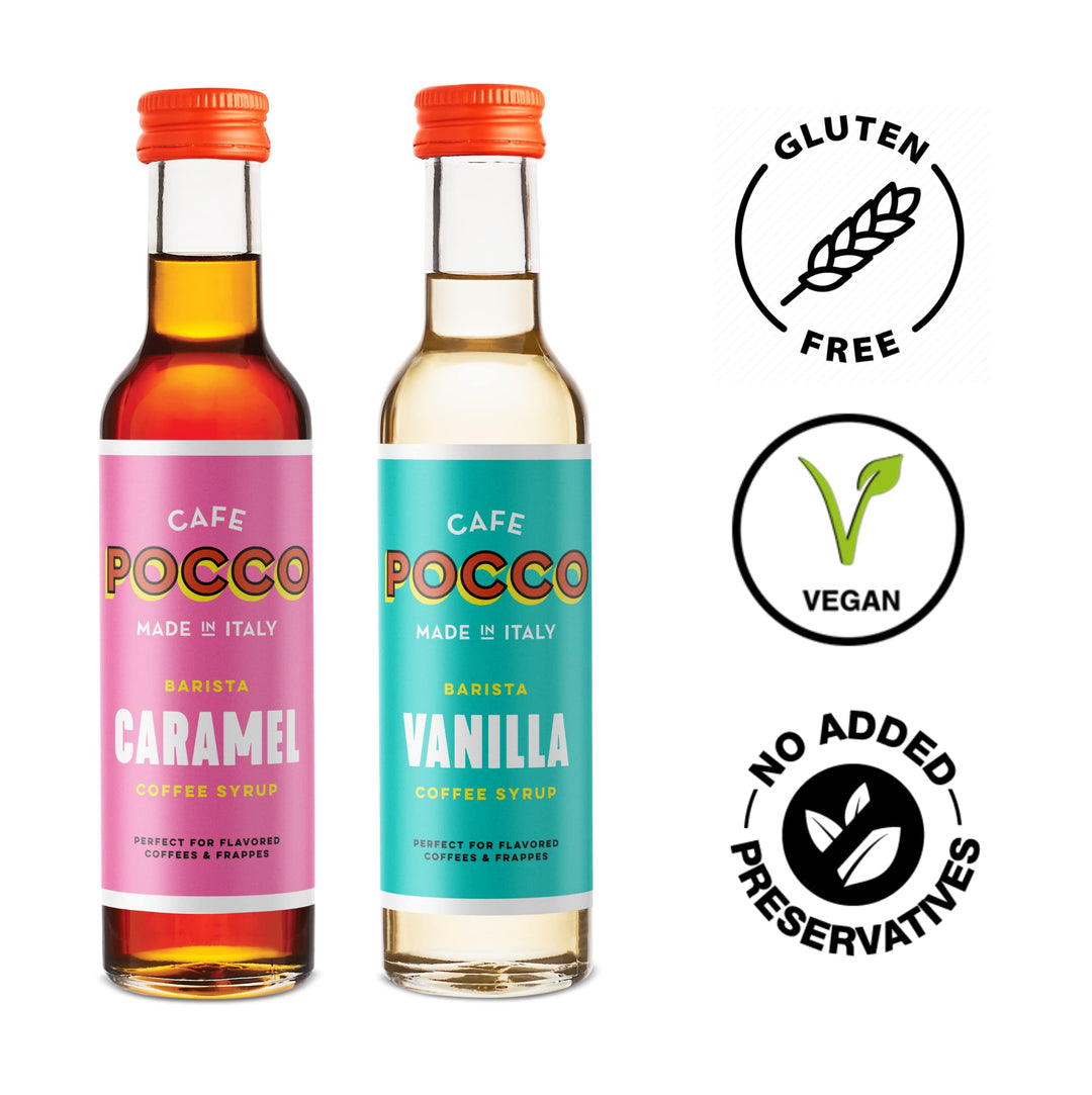 Cafe Pocco - Caramel & Vanilla Coffee Syrup Set (2 x 250ml Glass Bottles)