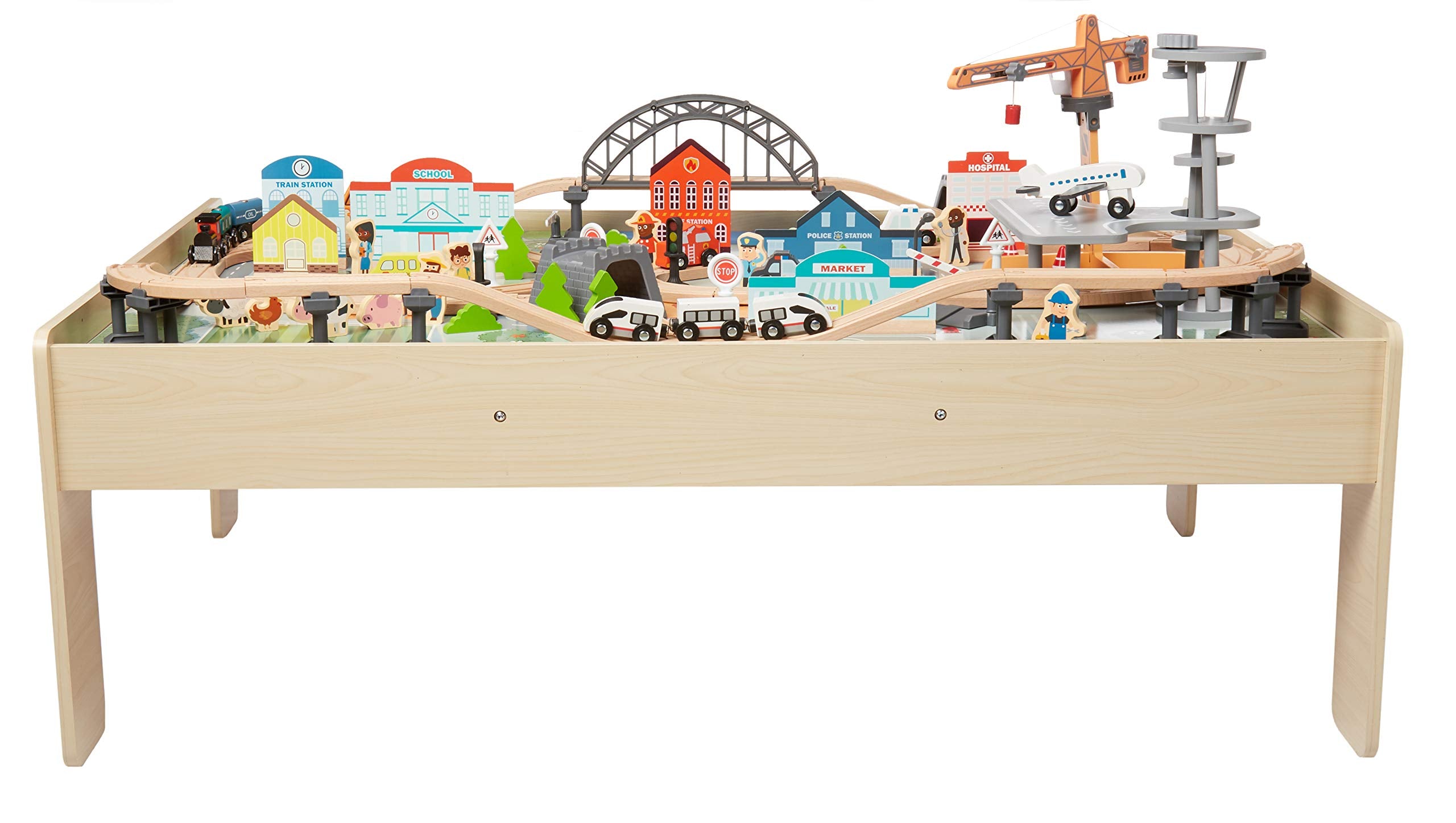 Amazon Basics 120-Piece Wooden Train Set and Table with Interactive Accessories | Multicolor | 120.4 x 85 x 41 cm 4