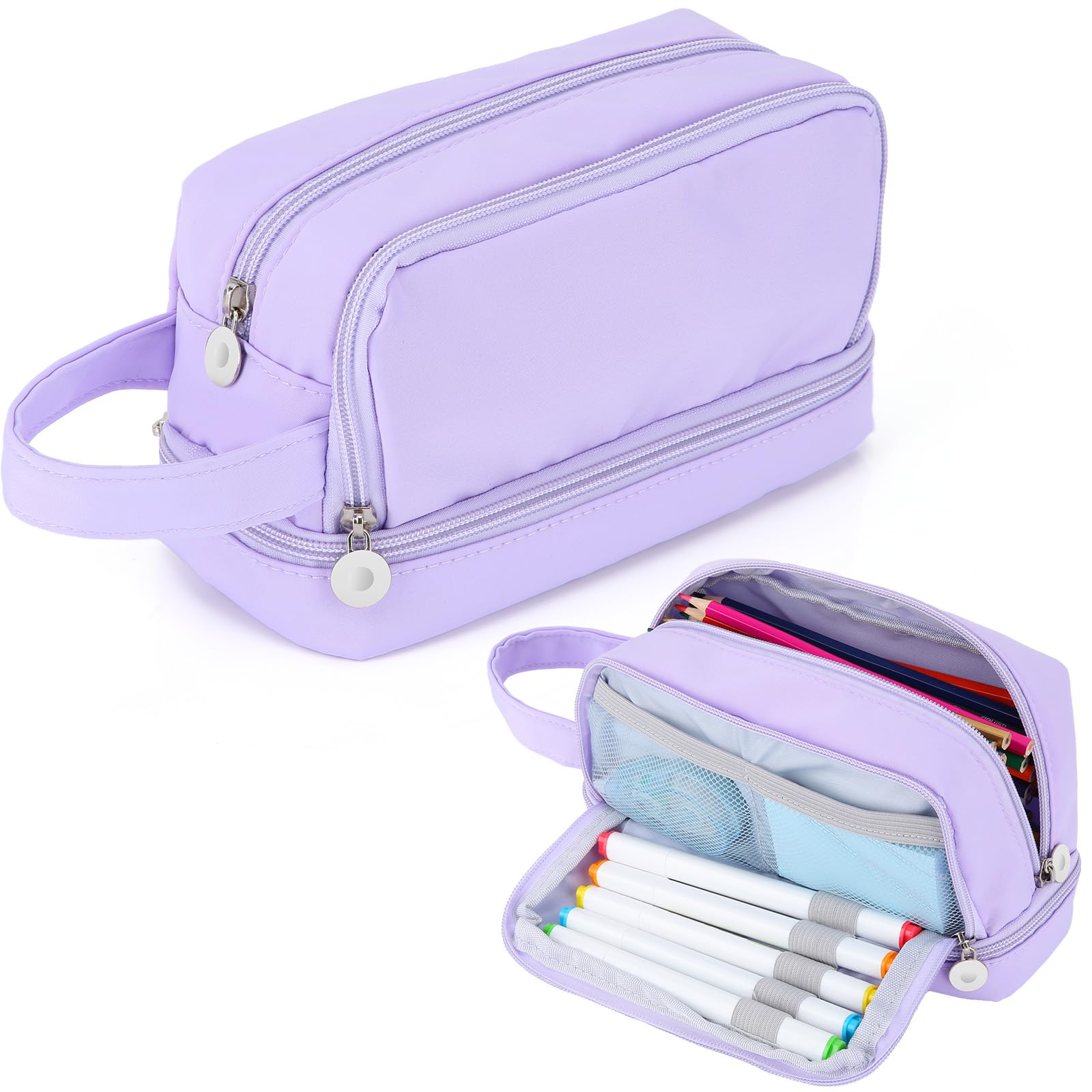 Alyvisun Large Capacity Pencil Case with 3 Compartments | Canvas Material | Purple