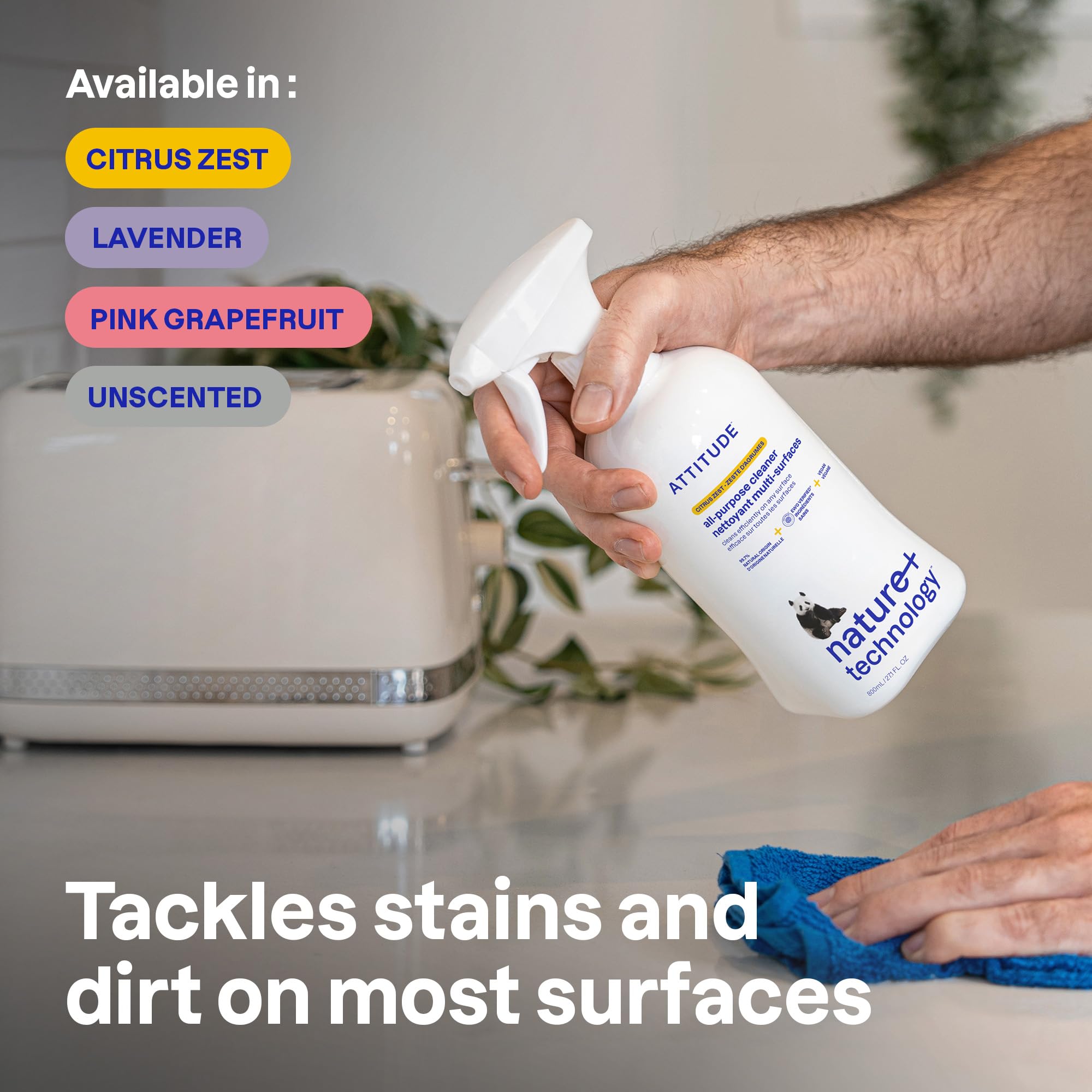 ATTITUDE All-Purpose Cleaner Spray - EWG Verified, Vegan, 94% Natural Origin Ingredients, Citrus Zest Scent, 800 ml