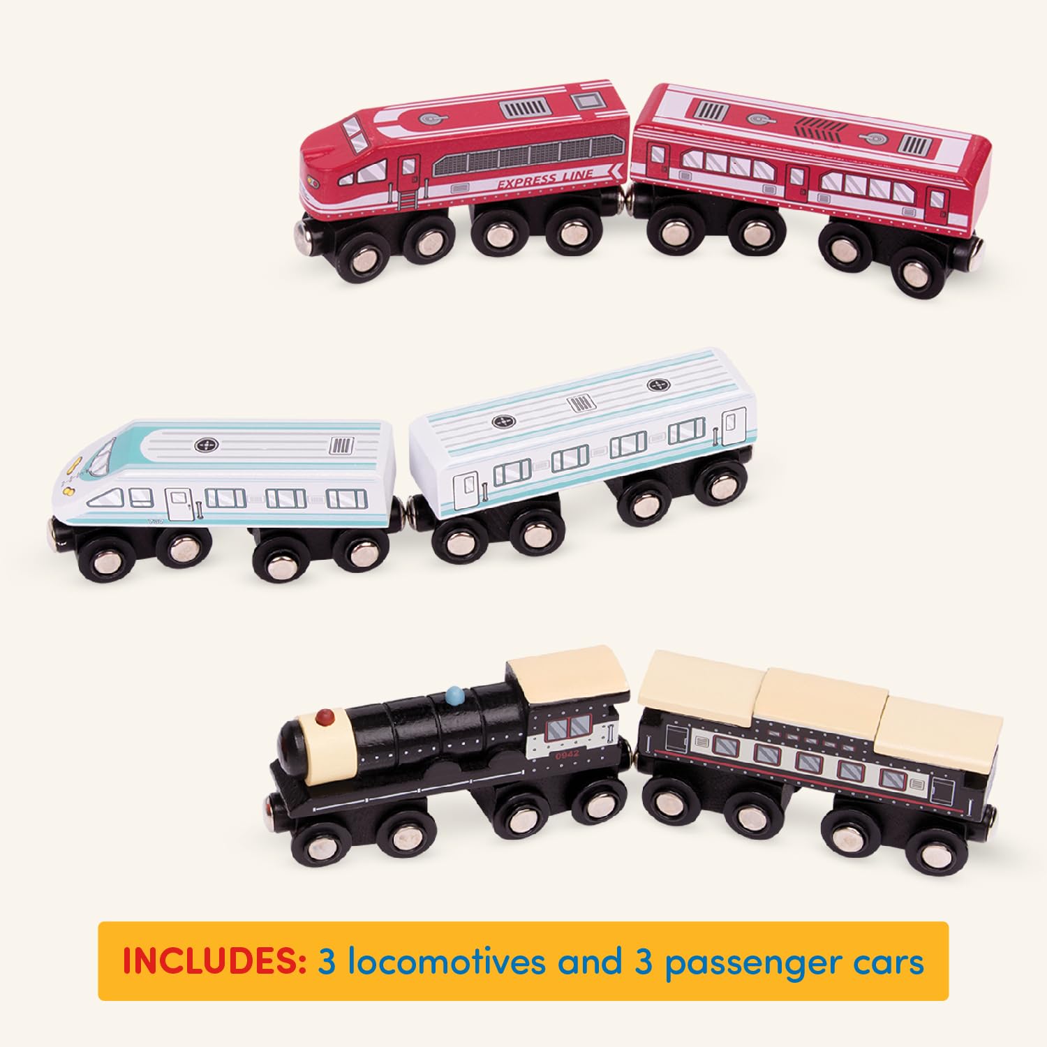 Battat Wooden Magnetic Train Set - 6-Piece Classic Toy Trains for Kids 3+ 4