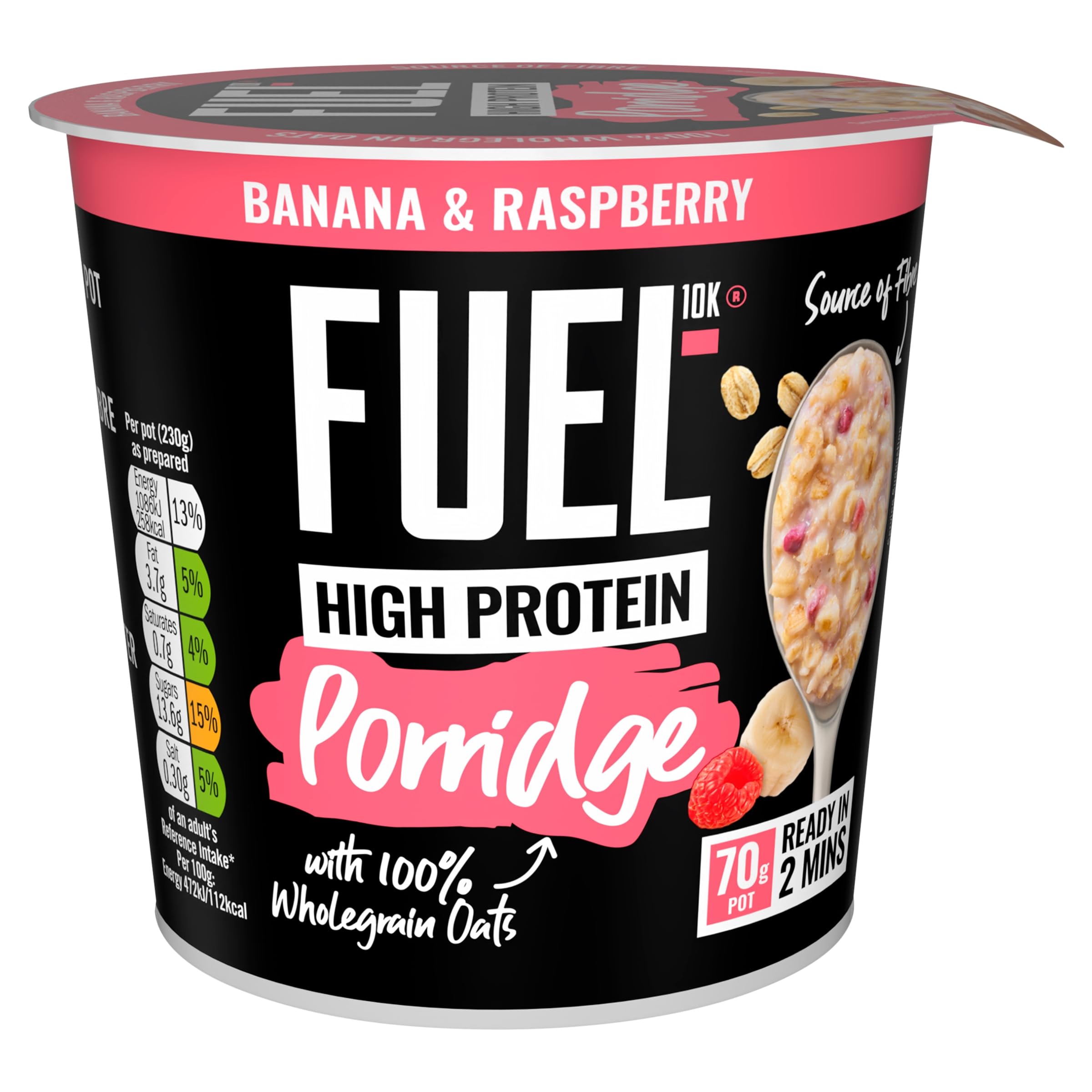 FUEL10K High Protein Banana & Raspberry Porridge Pot - 13g Protein, Wholegrain Oats | 8 Pack 2