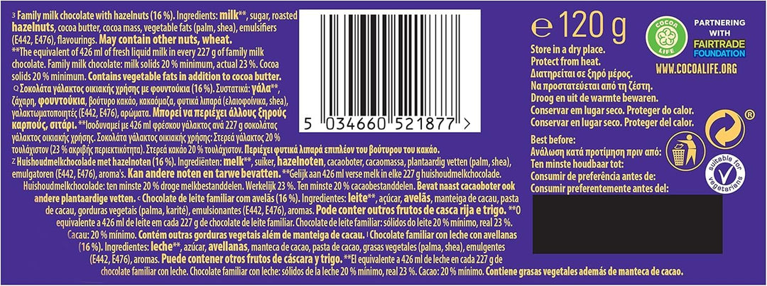 Cadbury Dairy Milk Whole Nut Bar with Whole Hazelnuts, 120g