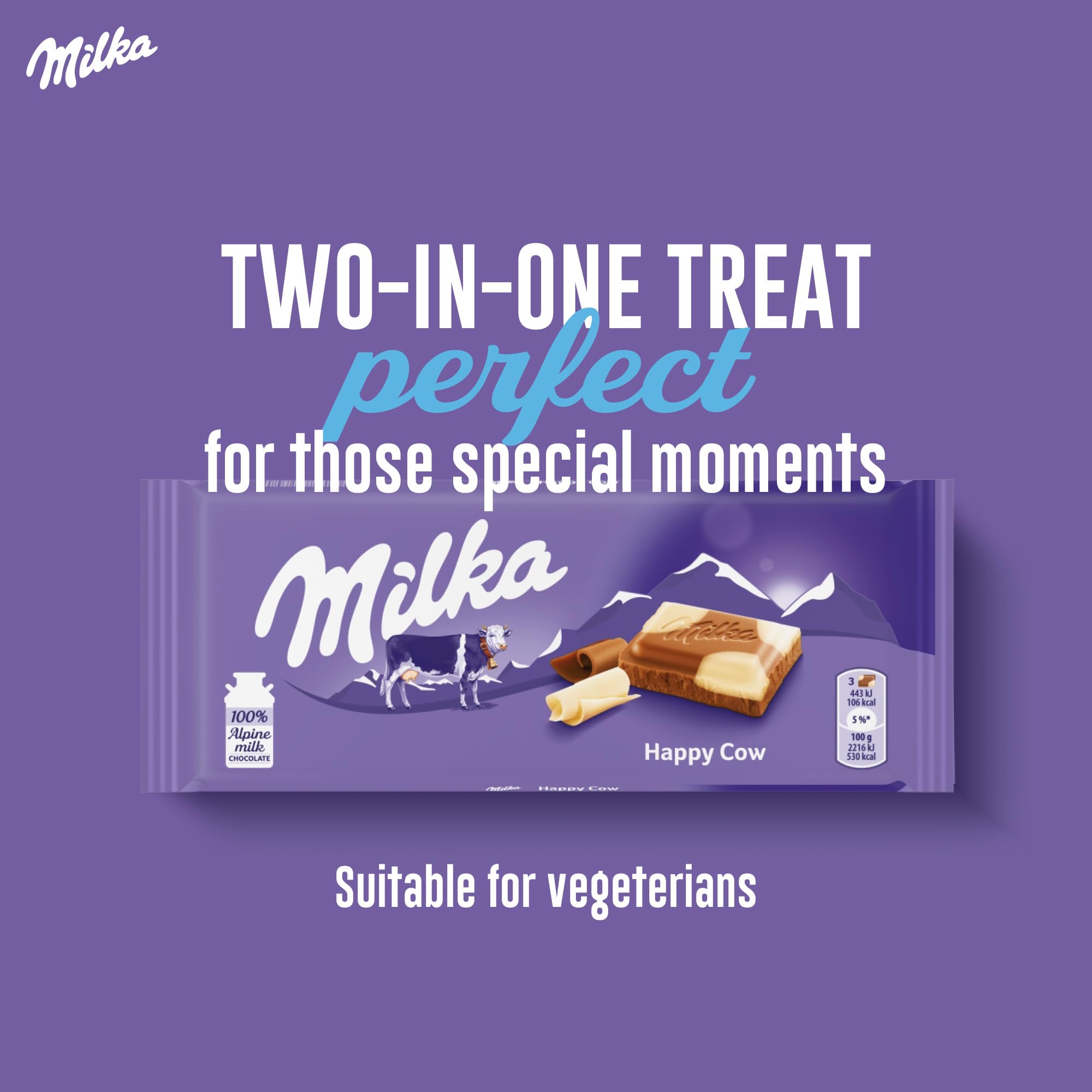 Milka Happy Cows Alpine Milk and White Chocolate Bar, Chocolate Harmony, 90g 7
