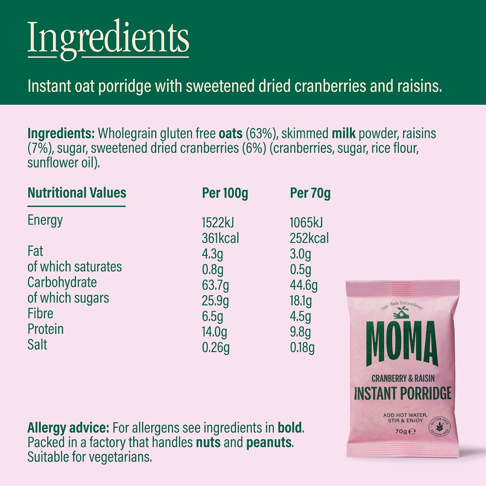 MOMA Porridge Sachets Cranberry & Raisin - Box of 5 x 70g - Gluten Free, High Fibre, Source of Protein 11