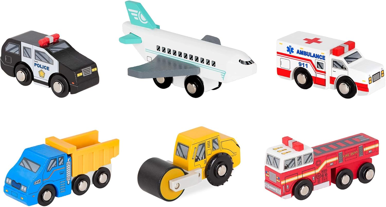 Battat Wooden Vehicles Set - 6pc Rescue & Construction Toy Cars for Kids 1
