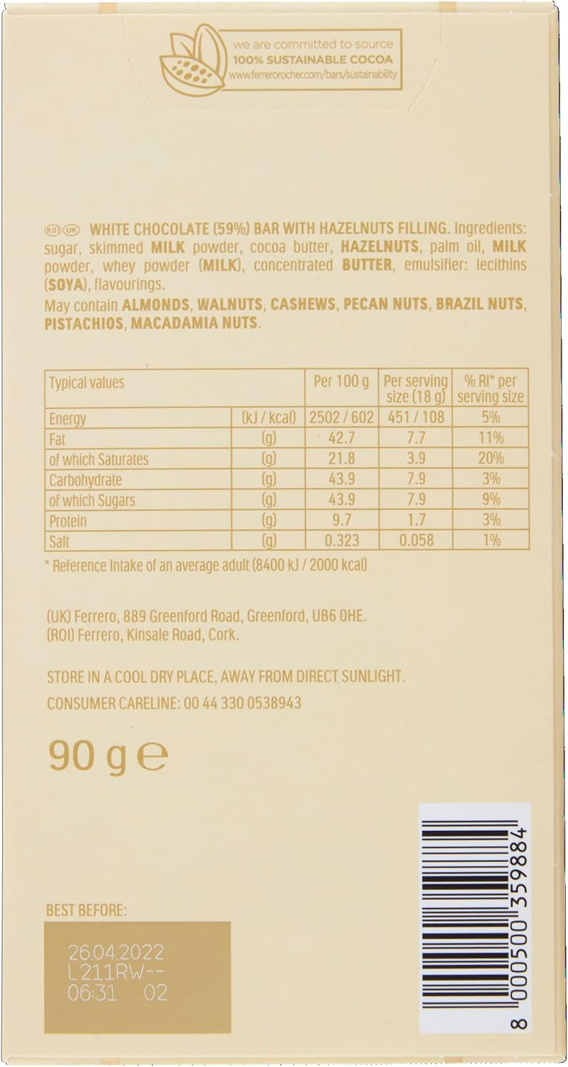 Ferrero Rocher White Chocolate Bar with Crunchy Hazelnuts - Chocolate Gift Snack 90g