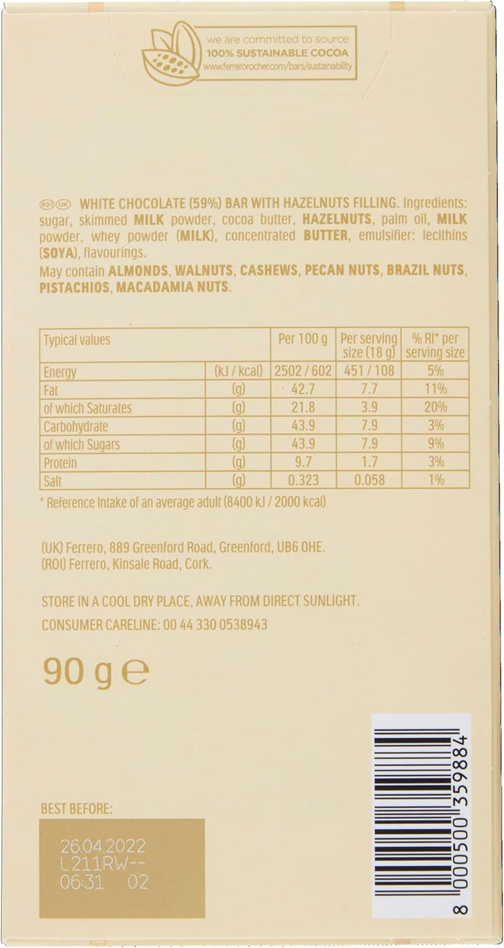 Ferrero Rocher White Chocolate Bar with Crunchy Hazelnuts - Chocolate Gift Snack 90g