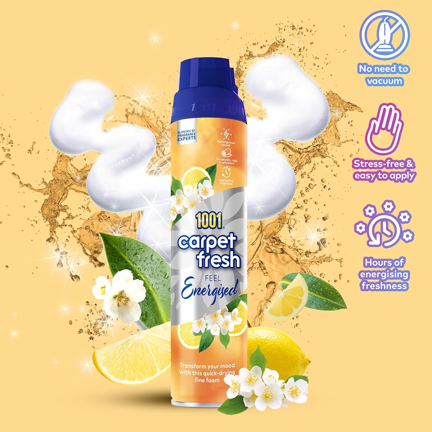 1001 Carpet Fresh Feel Energized 300ml Can - Invigorating Lemon Scent for Carpets & Upholstery 4