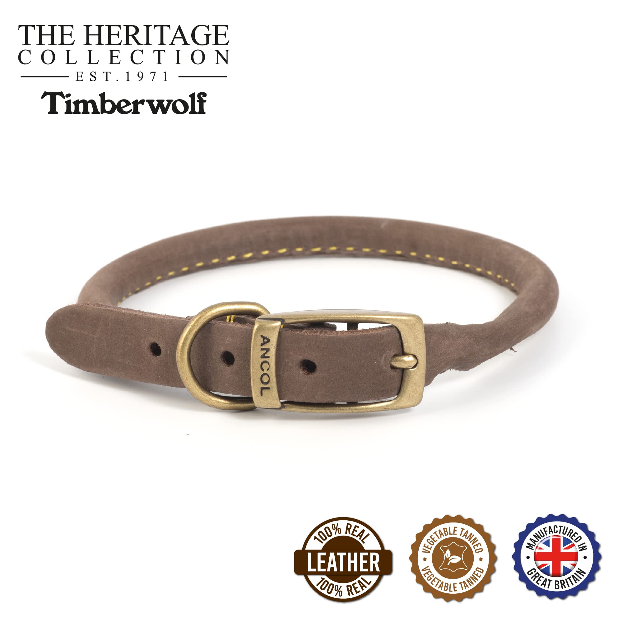 Ancol Timberwolf Round Leather Dog Collar - Sable | Size 4 (35-43 cm Neck)