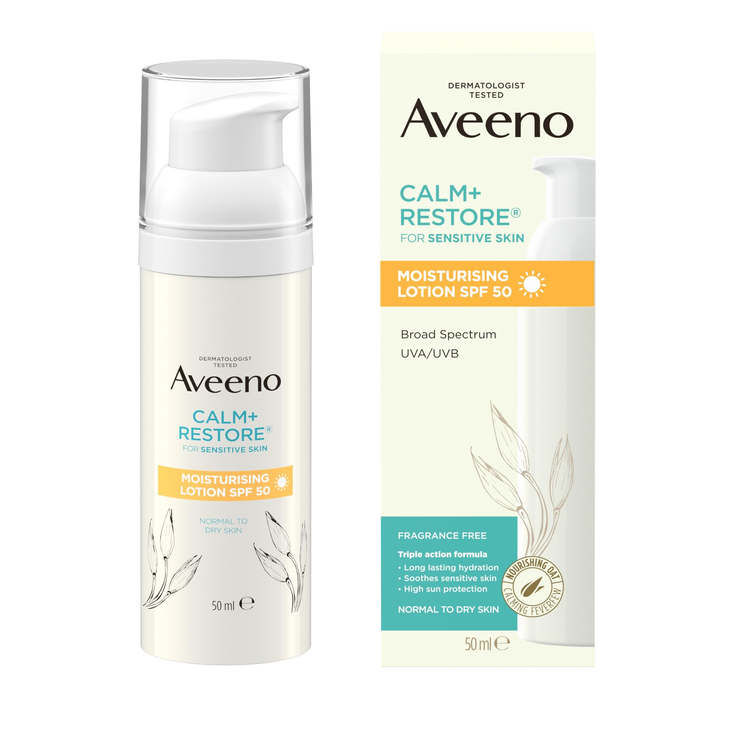 Aveeno CALM+RESTORE Moisturising Lotion SPF 50 - Hydrates & Soothes Sensitive Skin | 50ml