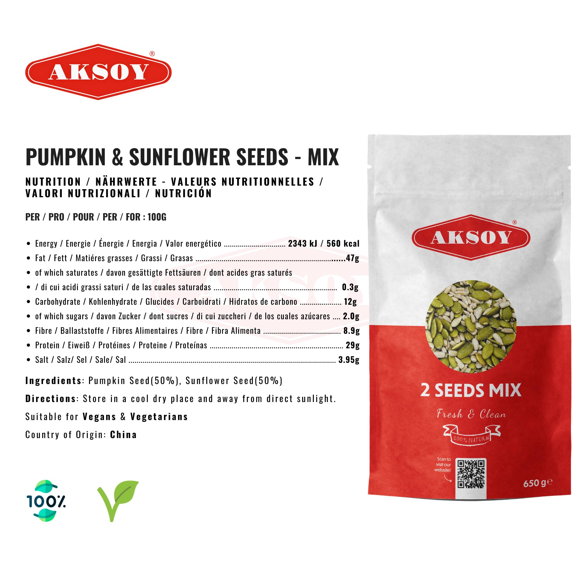 AKSOY Seed Mix - Pumpkin & Sunflower Blend | Raw, GMO-Free | 650g Tub 2