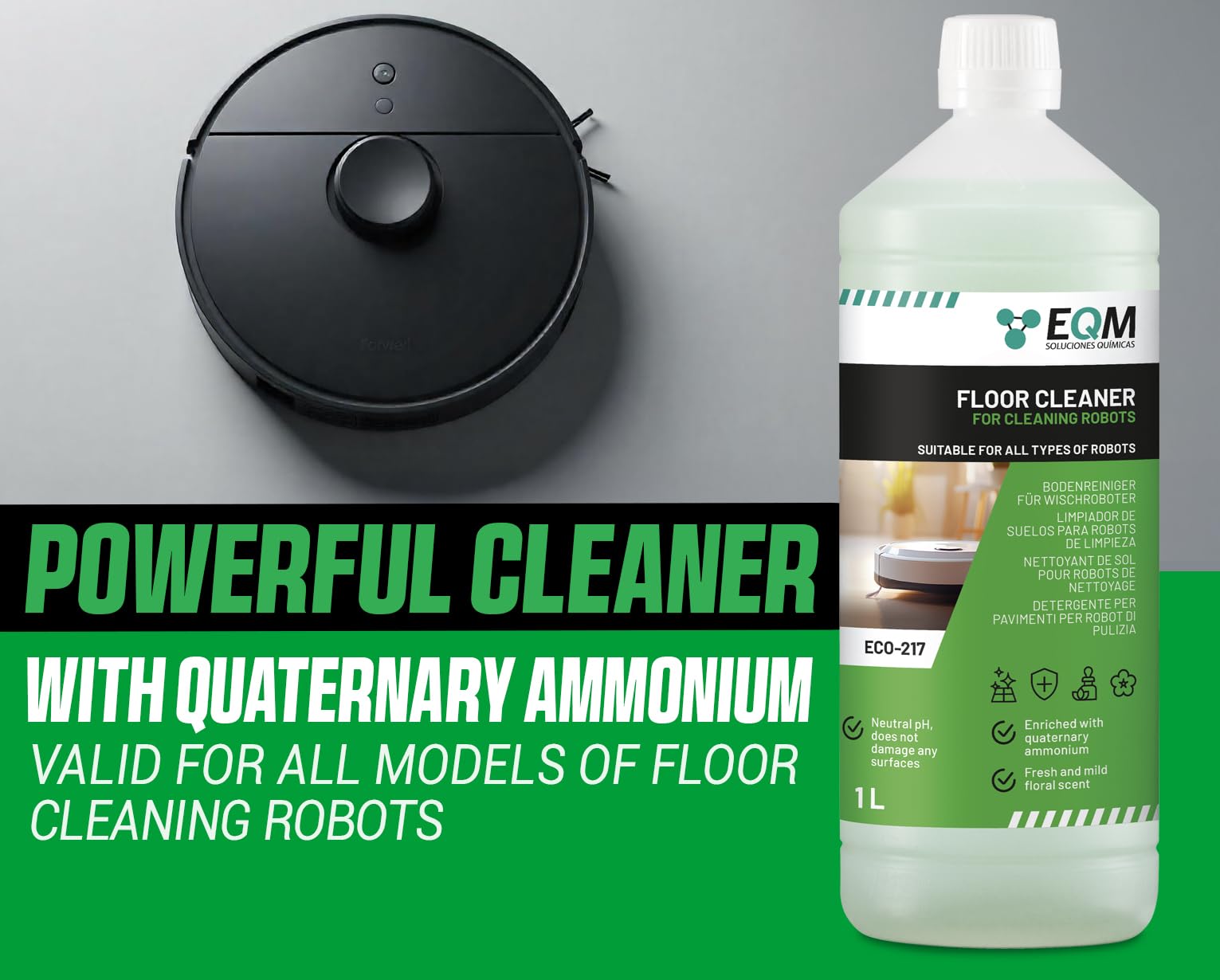 EQM SOLUCIONES QUIMICAS ECO-217 Floor Cleaner for Wiping Robots | 1L | Neutral pH | Floral Scent 2