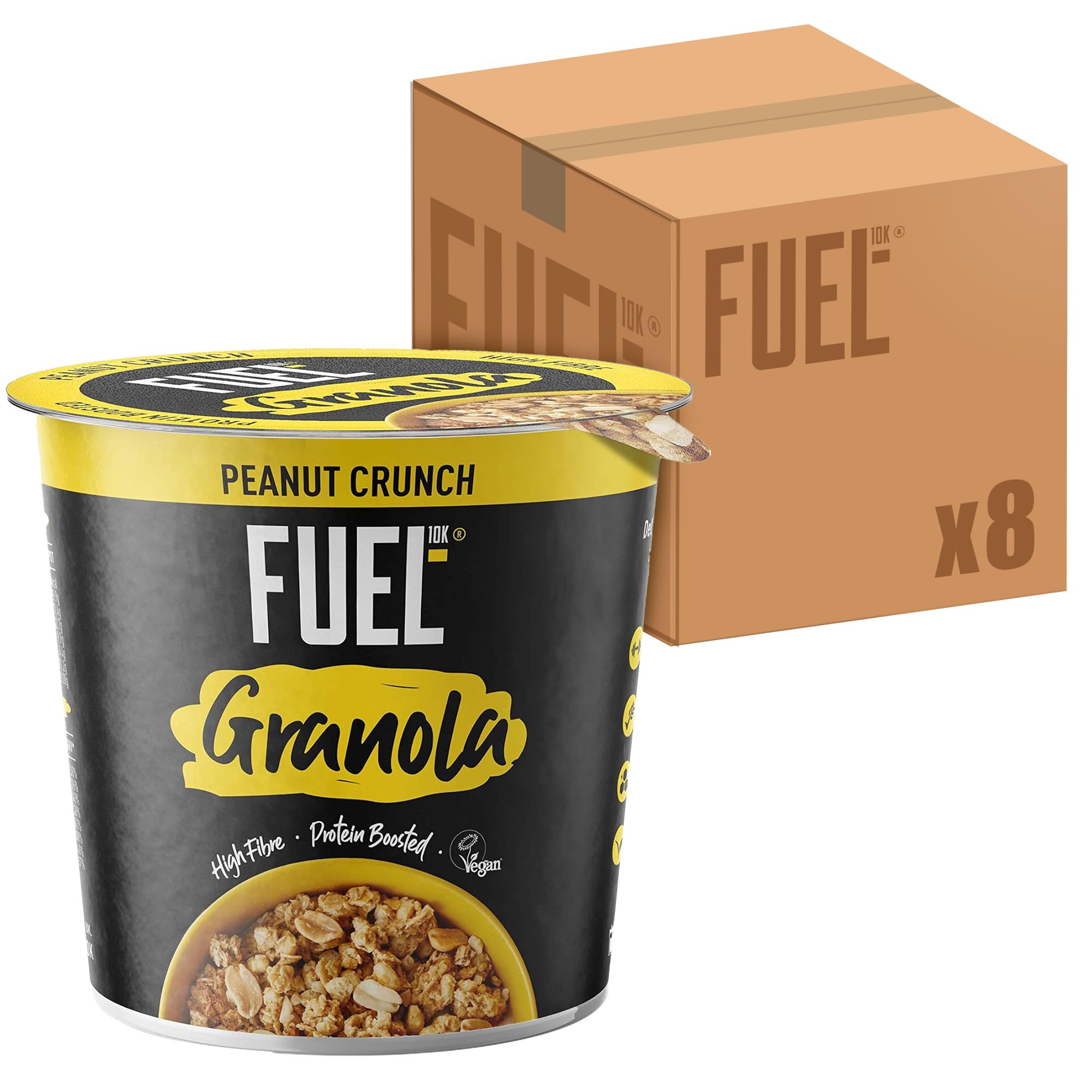 FUEL10K Peanut Crunch Protein Granola Cereal Pot - High Protein, Vegan Friendly | 70g Pot (Pack of 8)
