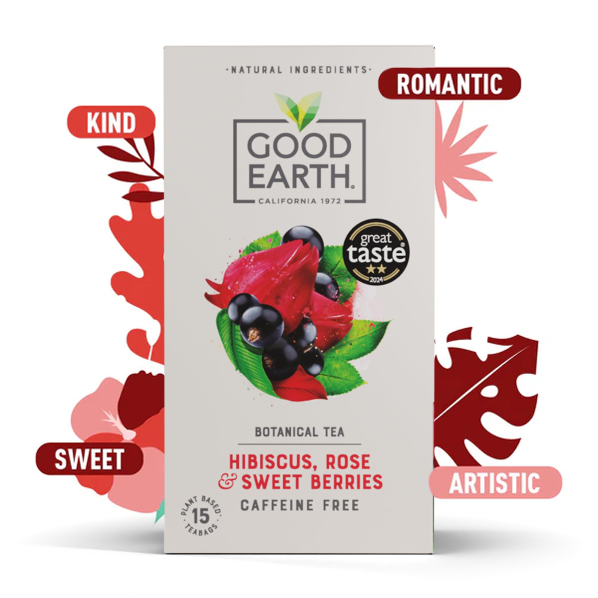 Good Earth Tea Co. Hibiscus, Sweet Berries & Rose Herbal Tea Bags - 15 Count, Naturally Caffeine Free