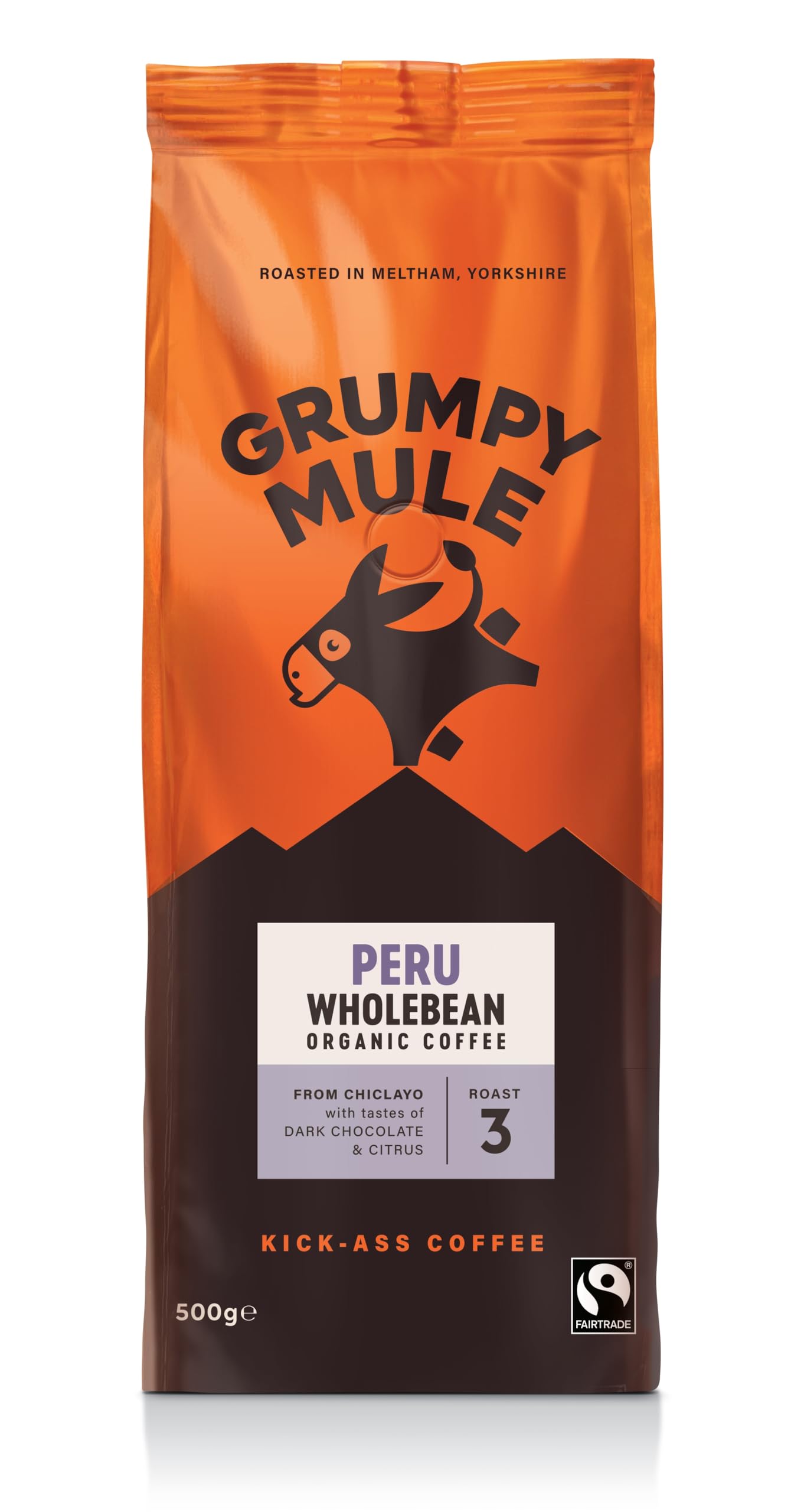 Grumpy Mule Peru Café Feminino Organic Whole Coffee Beans - Dark Chocolate & Citrus, Medium-Dark Roast, 500g