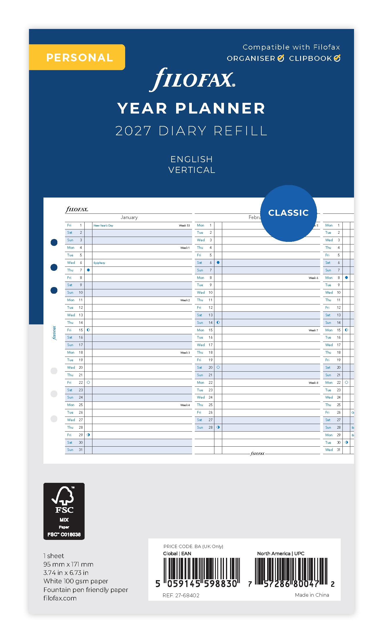 Filofax Personal 2027 Vertical Year Planner Refill | 100gsm Fountain Pen Friendly Paper | 95mm x 171mm 1