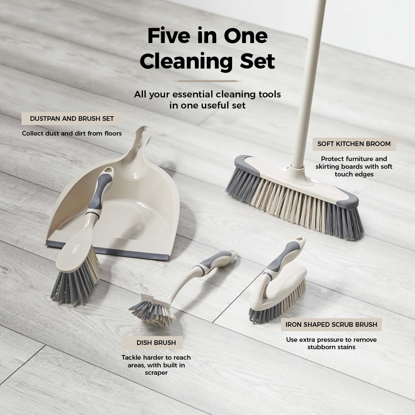 Tower T769002MSH 5-in-1 Cleaning Set with Dust Pan, Brush, Kitchen Broom, Dish Brush & Scrub Brush 9