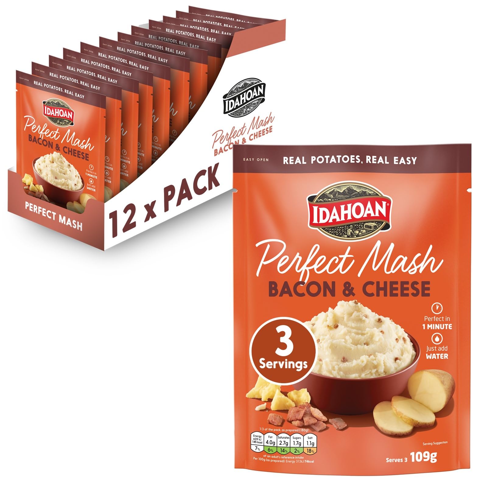 Idahoan Bacon & Cheese Mash - Instant Potatoes | 12 Count Pack | 109g Each