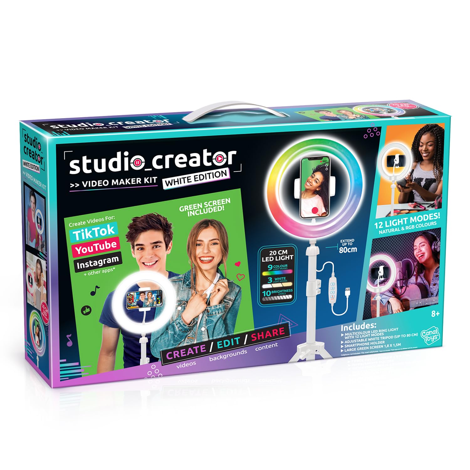 Studio Creator Video Maker Kit – White Edition | LED Ring Light, Green Screen, Tripod & Phone Holder 9