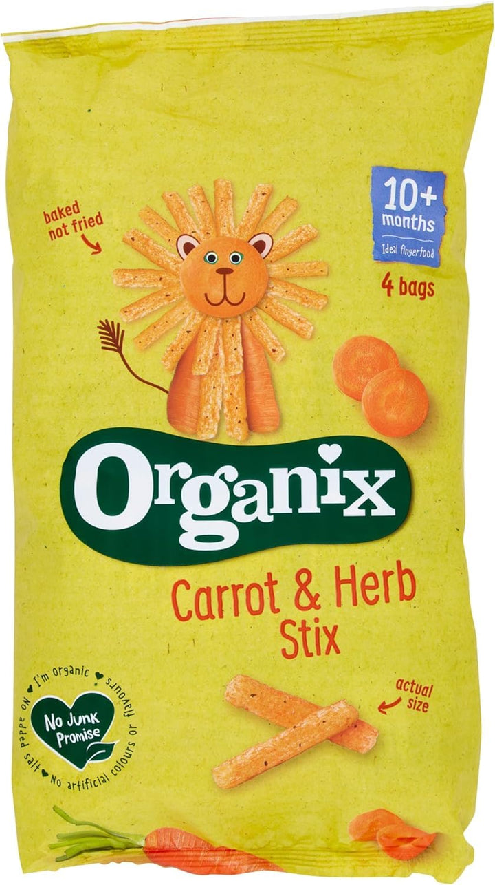 Organix Carrot & Herb Stix Organic Finger Food Snack for Toddlers 10+ Months, 3 Packs (4 x 15g Each)