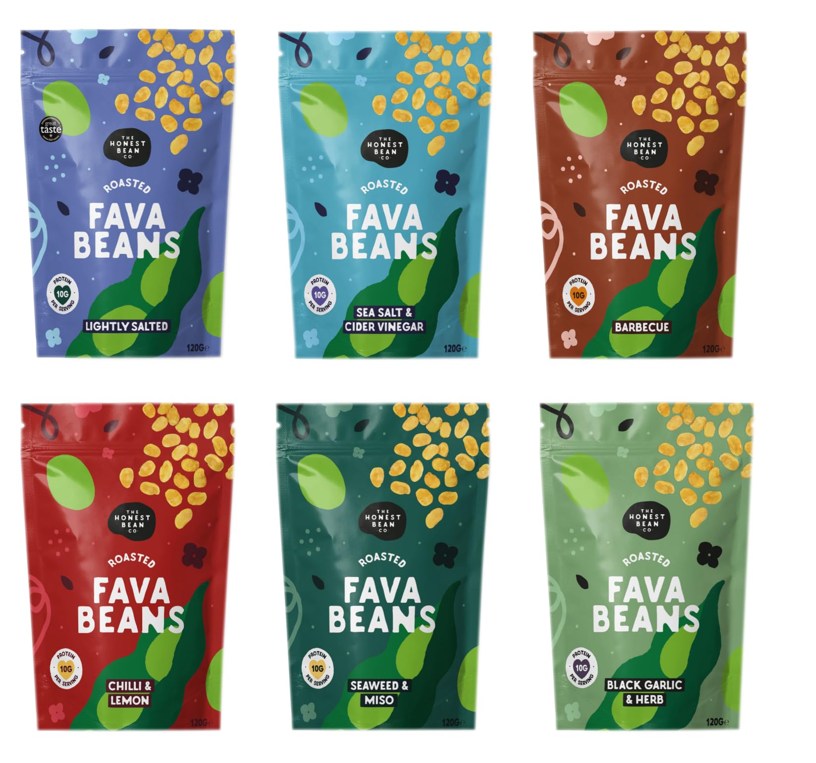 The Honest Bean Co Roasted Fava Bean Variety Pack - Lightly Salted, Sea Salt & Cider Vinegar, BBQ, Chilli Lemon, Seaweed & Miso, Black Garlic & Herb