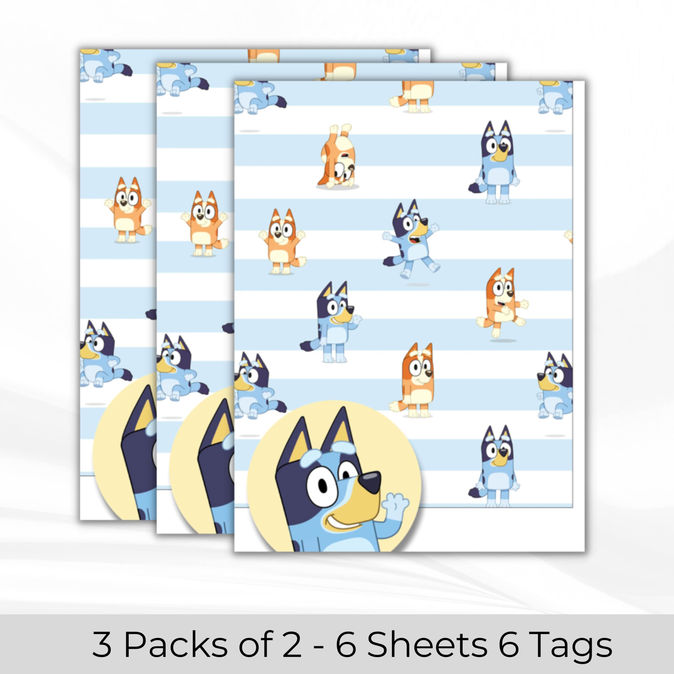 Bluey Gift Wrapping Paper 3 Pack - 6 Sheets & 6 Tags | 70cm x 50cm