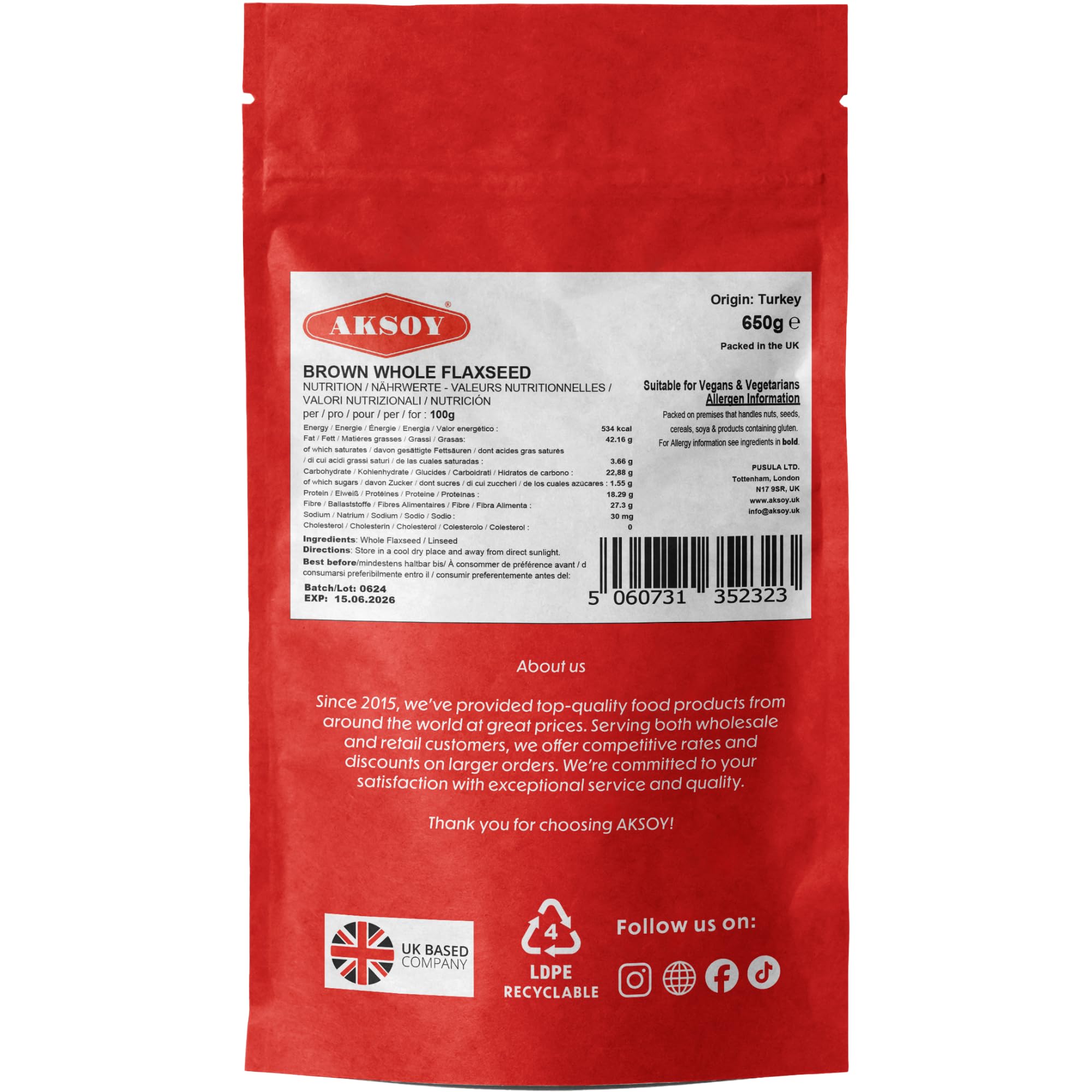 AKSOY Brown Whole Flaxseed (Linseed) - Rich in Omega-3 & Lignans | 650g 2
