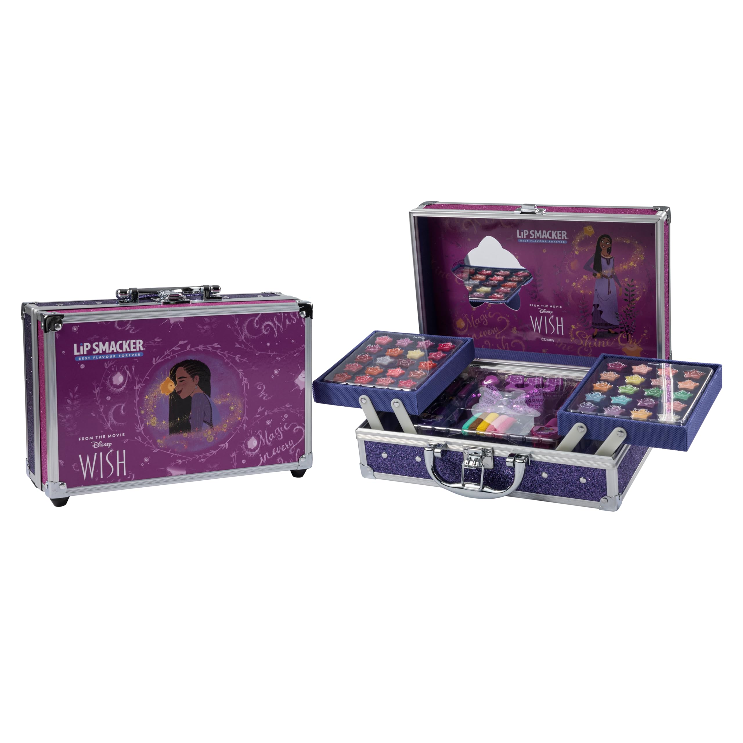 Lip Smacker Disney Wish Makeup Traincase for Kids, Multicolor Plastic Cosmetic Case with 20 Lip Glosses, 20 Eyeshadows, 2 Nail Polishes & Accessories 4