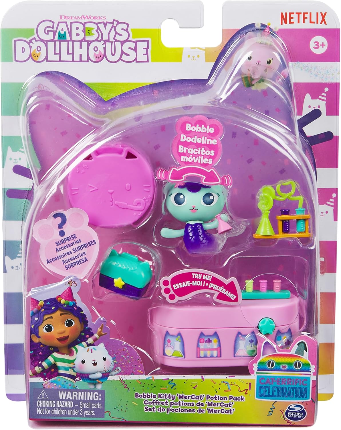 Gabby's Dollhouse MerCat Bobble Figure with Lab Table & Surprise Goggles - 5-Piece Playset 5