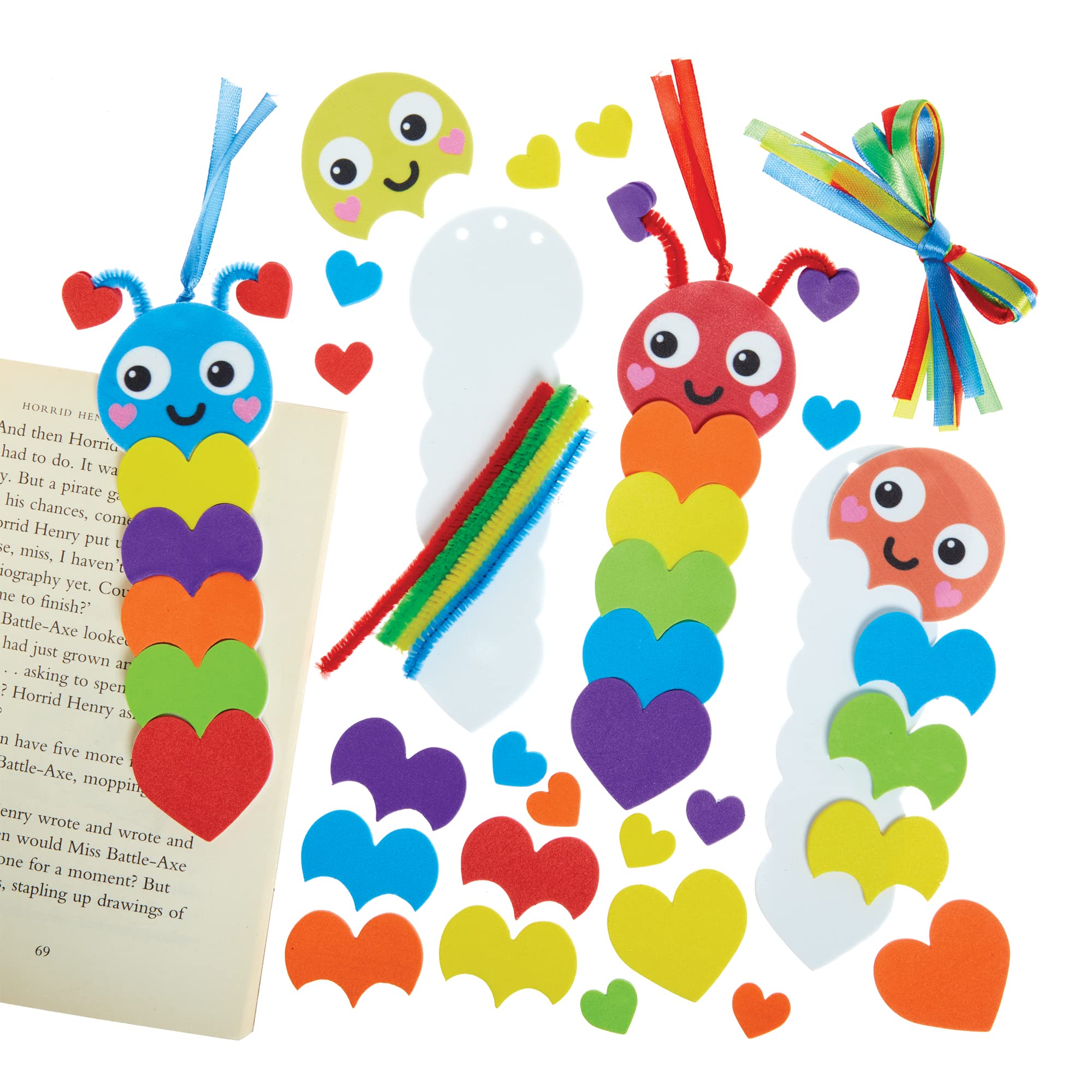 Baker Ross FX455 Caterpillar Rainbow Love Heart Bookmark Kits - Pack of 8 | Foam Craft Kit | Ages 6+