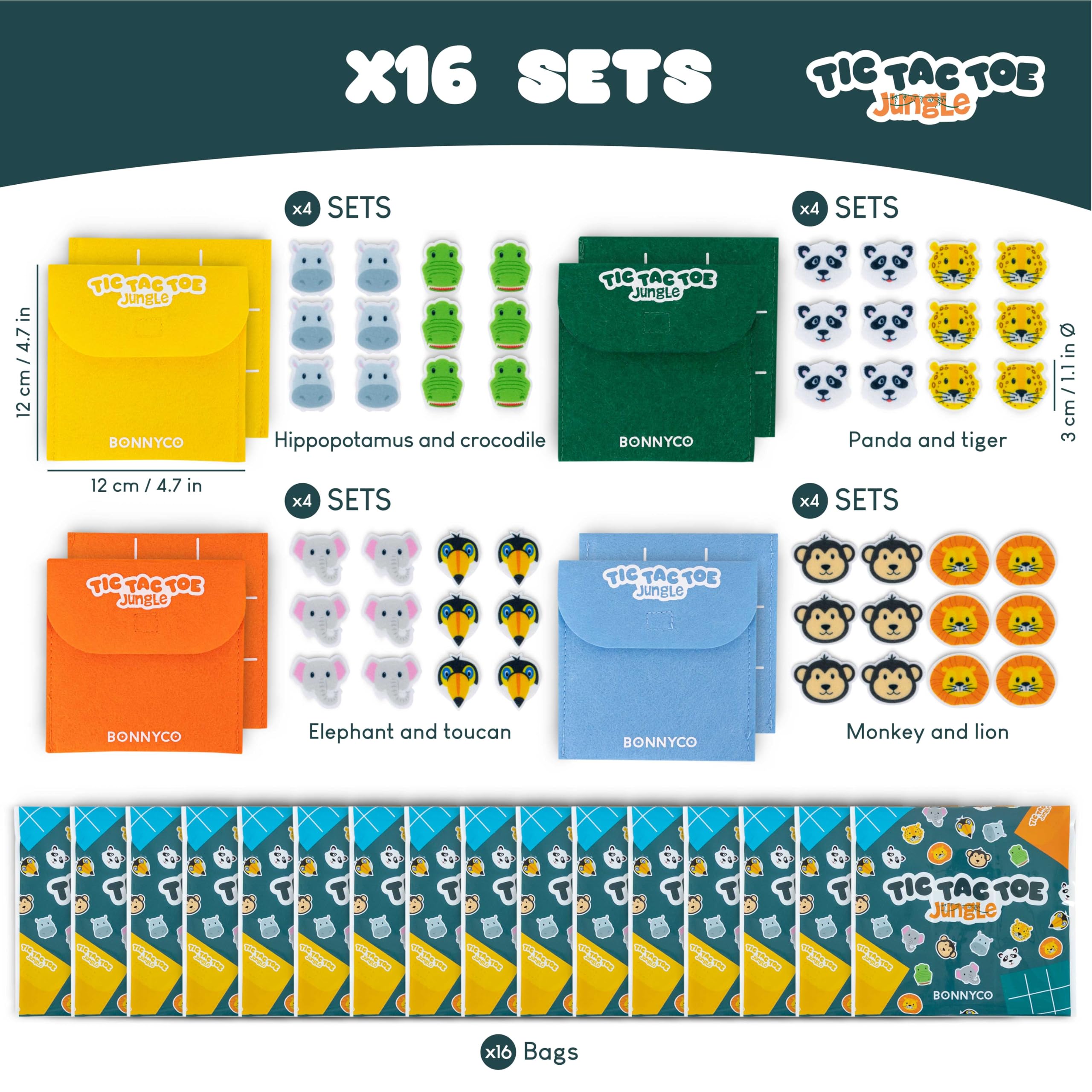 BONNYCO Jungle Animals Tic Tac Toe - 16 Pack Party Favors for Kids 3