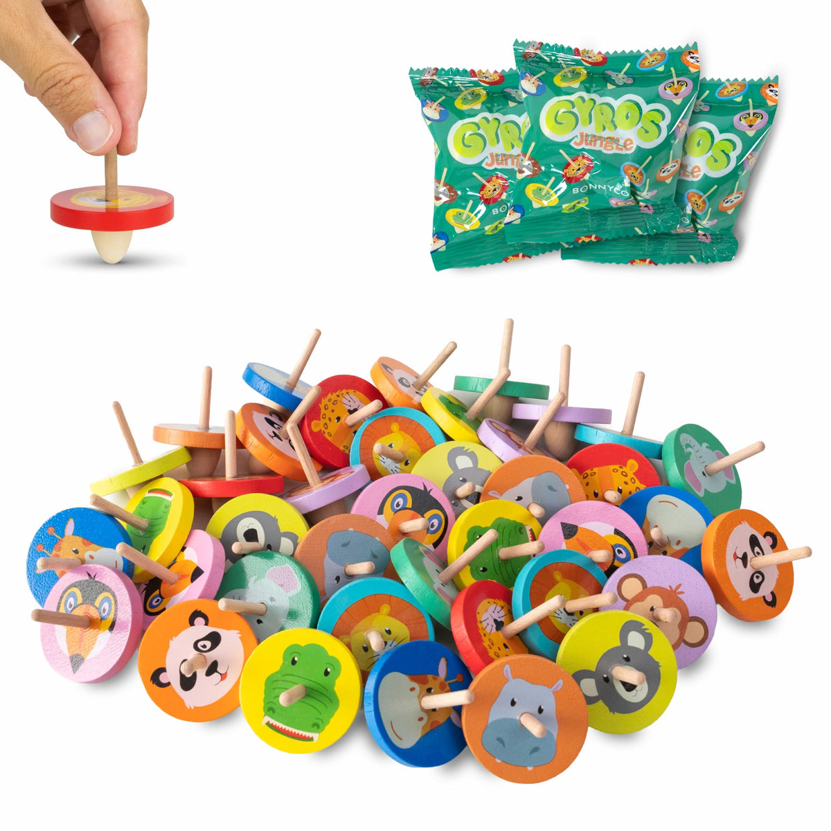 BONNYCO Wooden Spinning Tops - 40 Pack | Jungle Animals | Unisex Kids Party Favours