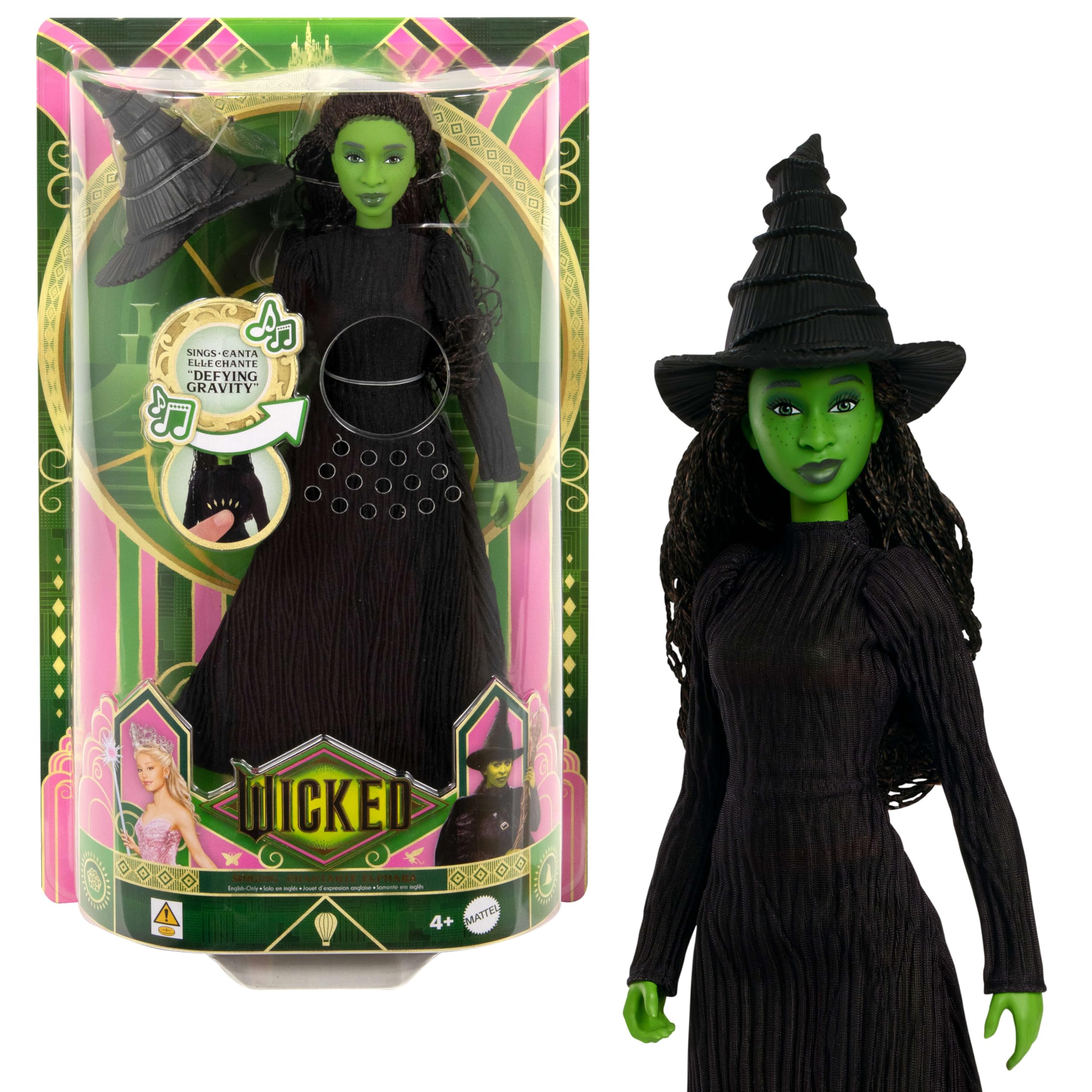 Mattel Wicked Singing Elphaba Fashion Doll & Accessories - Posable Musical Doll with Green Skin, Braided Hair, and Removable Dress