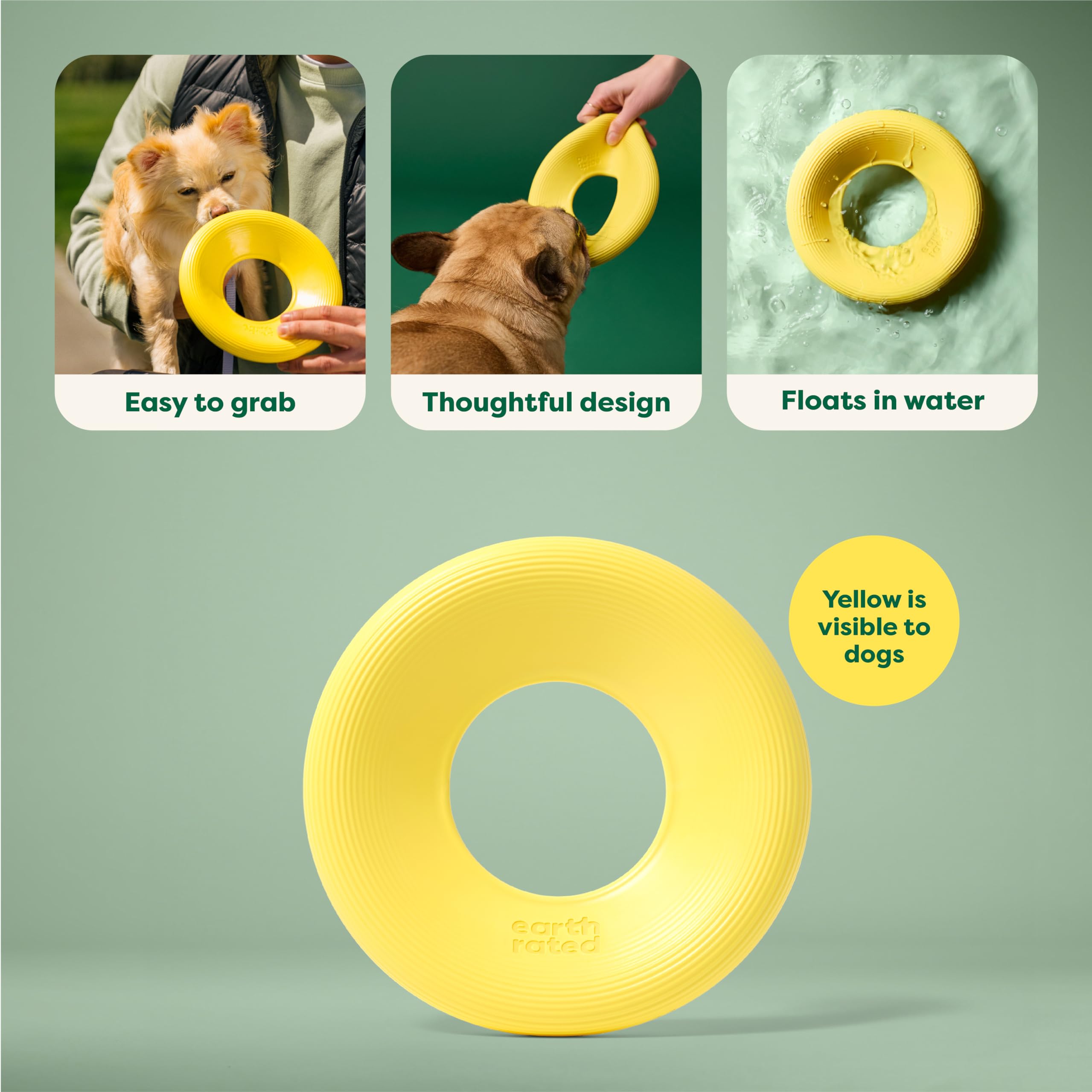 Earth Rated Flying Disc Dog Toy - Gentle TPE Grip, Floats | Small Size, Bright Yellow