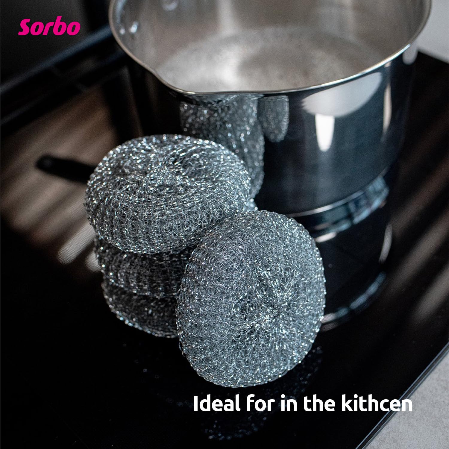 Sorbo Metal Pan Scourers - Heavy-Duty Steel Wool Pads for Tough Grease | 4 Pack