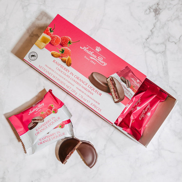 Anthon Berg Dark Chocolate Covered Marzipan Treats with Raspberry and Orange Liqueur - 220g