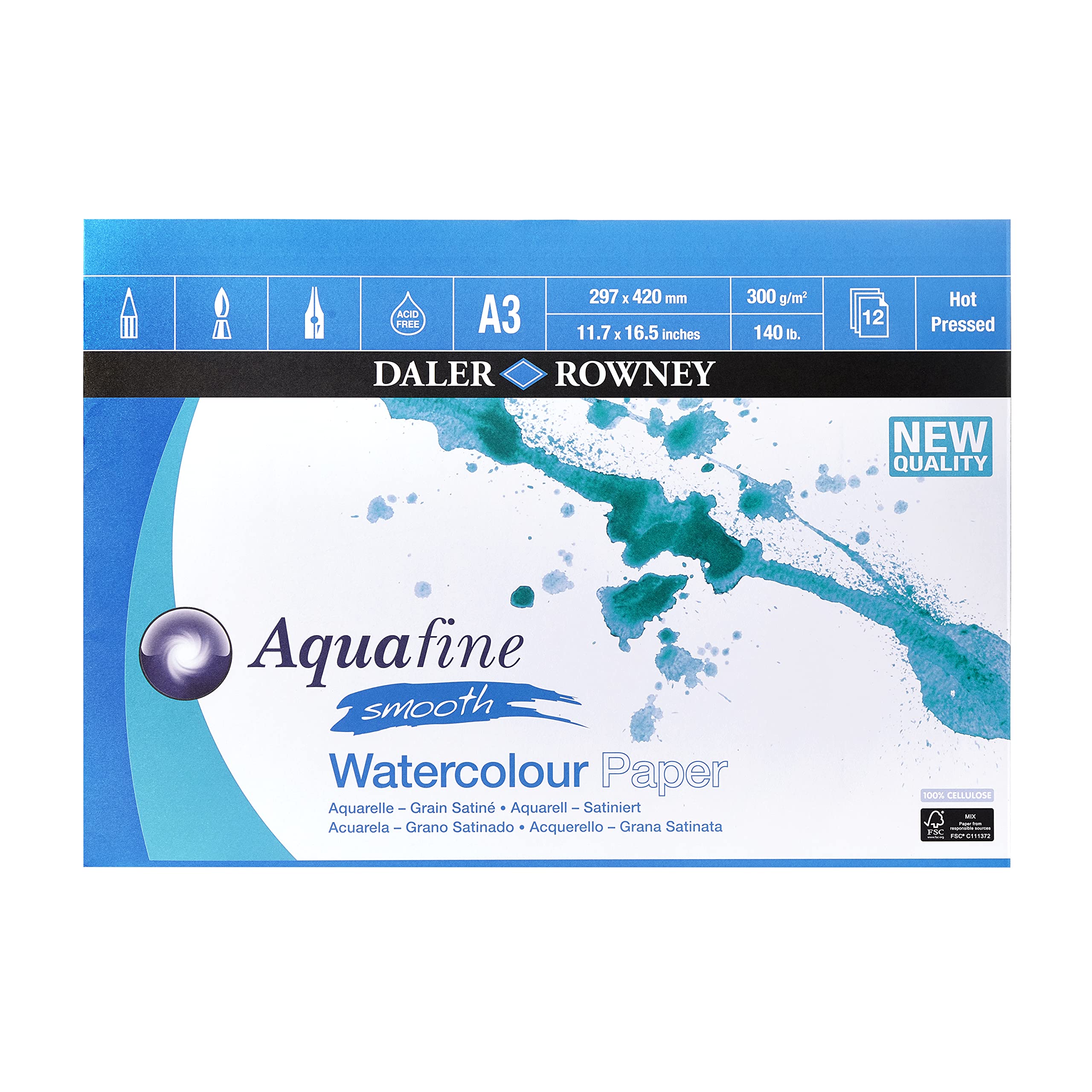 Daler Rowney Aquafine Smooth Hot-Pressed Watercolour Paper Pad A3 300gsm 12 Sheets Natural White 1