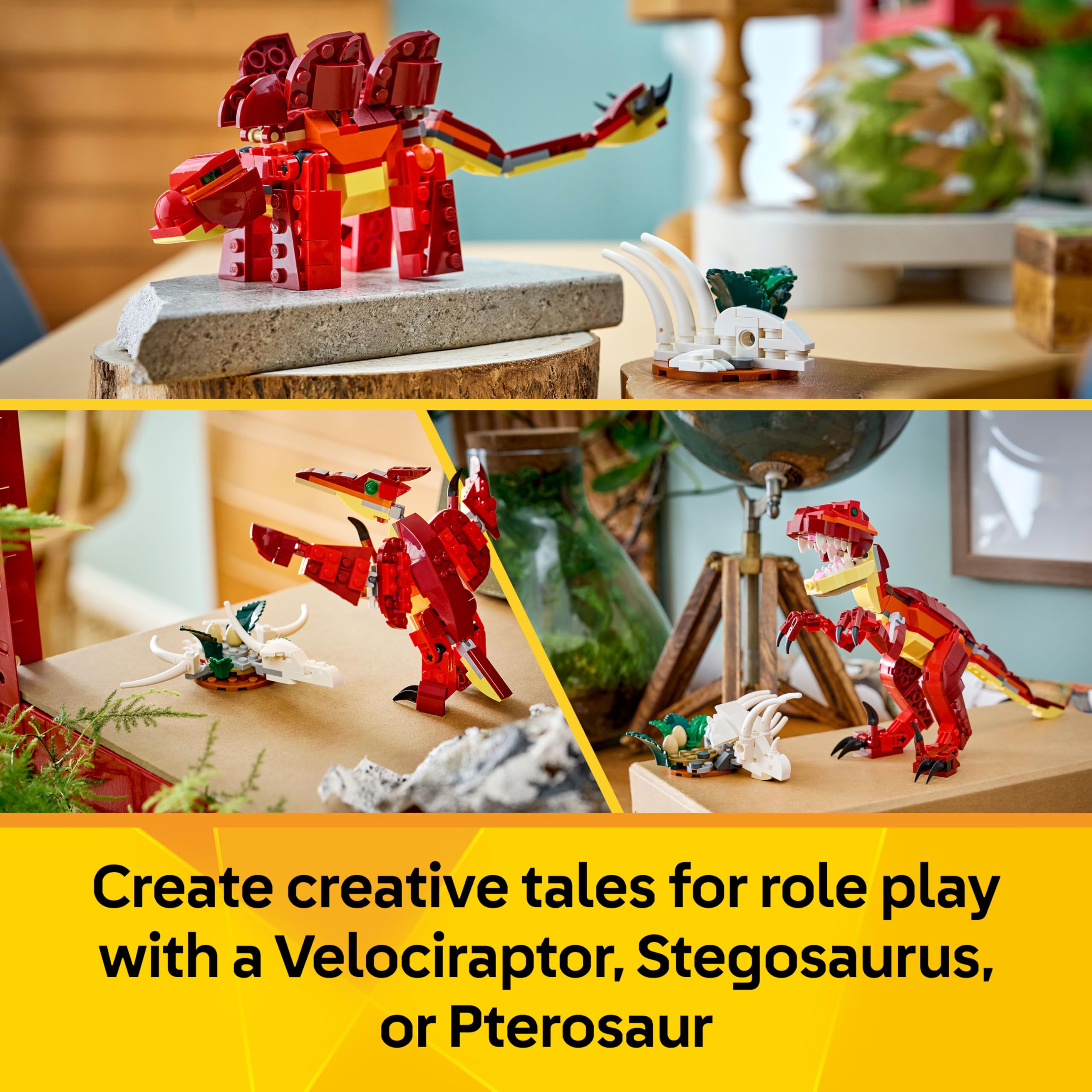 LEGO Creator 3in1 Fierce Dinosaur Toy - Build Velociraptor, Stegosaurus or 3