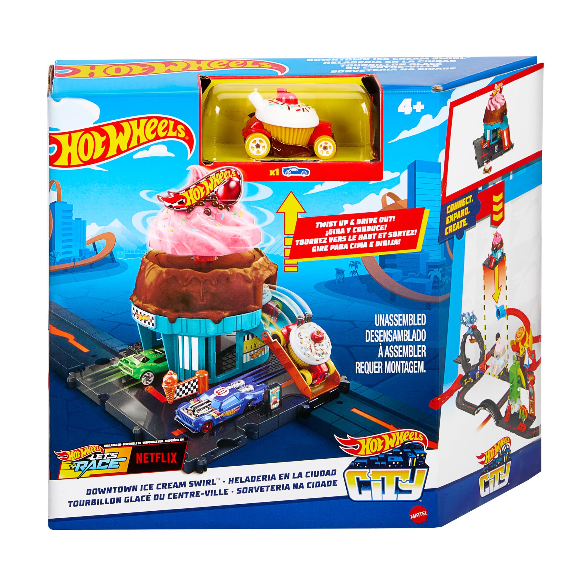 Hot Wheels City Downtown Ice Cream Swirl Playset - Track Set with 1:64 Car, Connects to Other Sets, Inspired by Netflix "Let's Race", HTN77 6