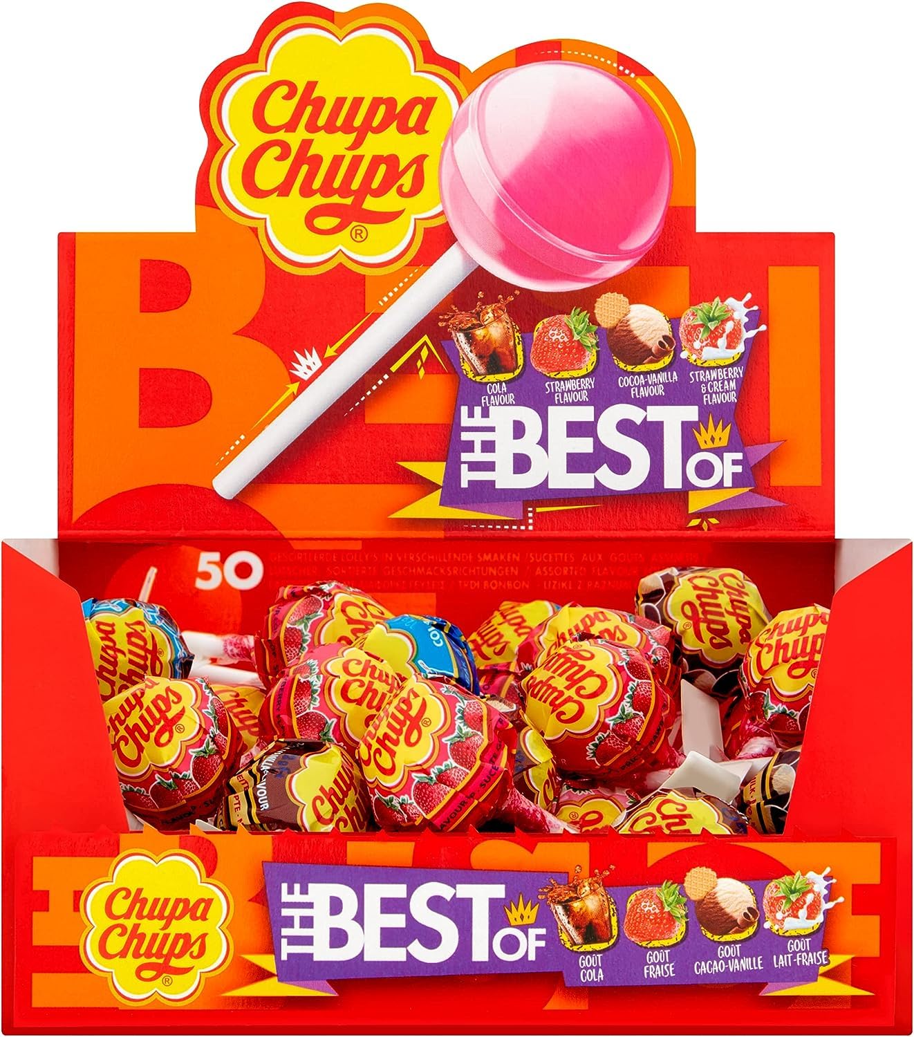 Chupa Chups The Best Of Lollipop Box - 50 Count | 4 Classic Flavours | 714g