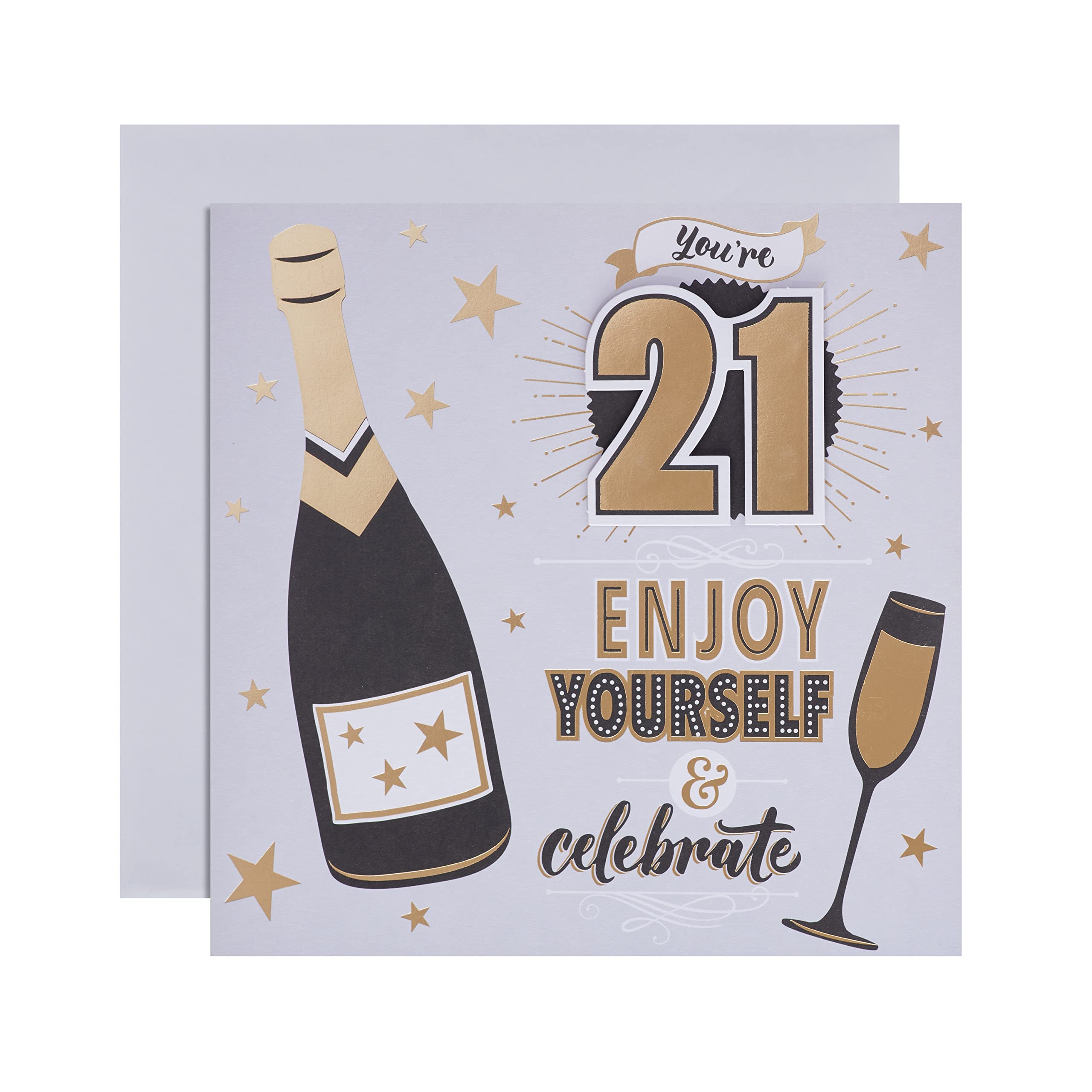Hallmark 21st Birthday Card - Contemporary Illustrated Champagne Design | Gold Foil | 3D Add-On 1