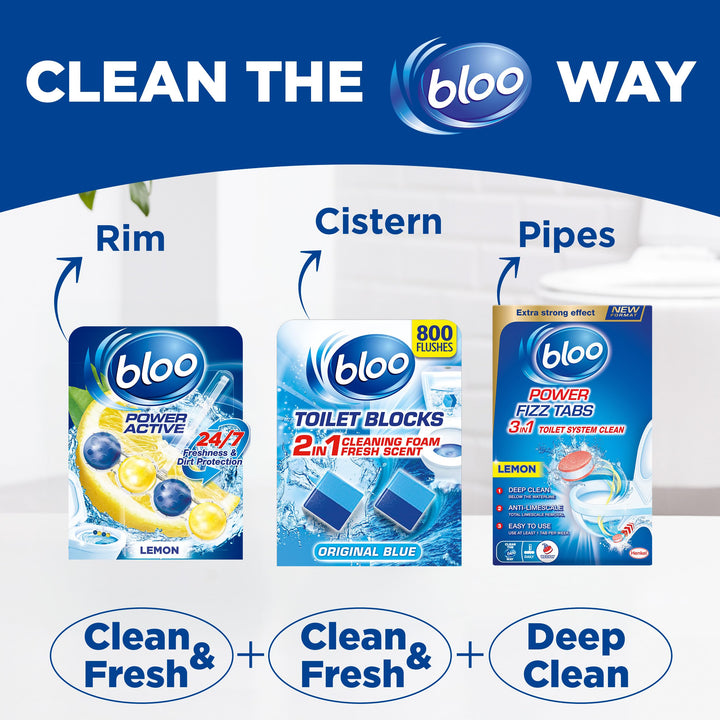 Bloo Power Active Toilet Rim Block - Lemon Scent with Anti-Limescale & Foaming Clean (150g)