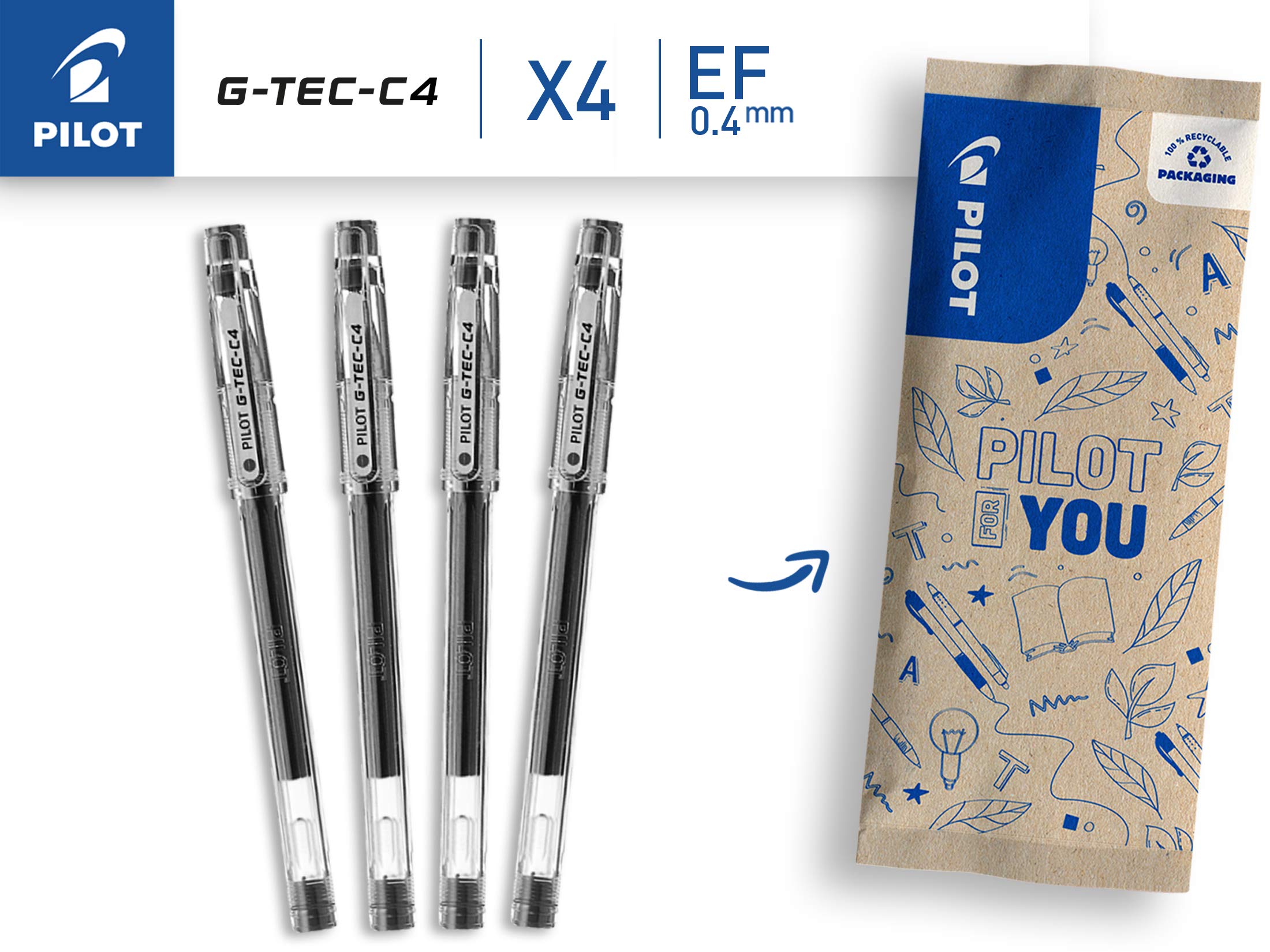 PILOT G-Tec C4 Gel Rollerball Pen - Ultra-Fine 0.2mm Line, Black Ink | Pack of 4