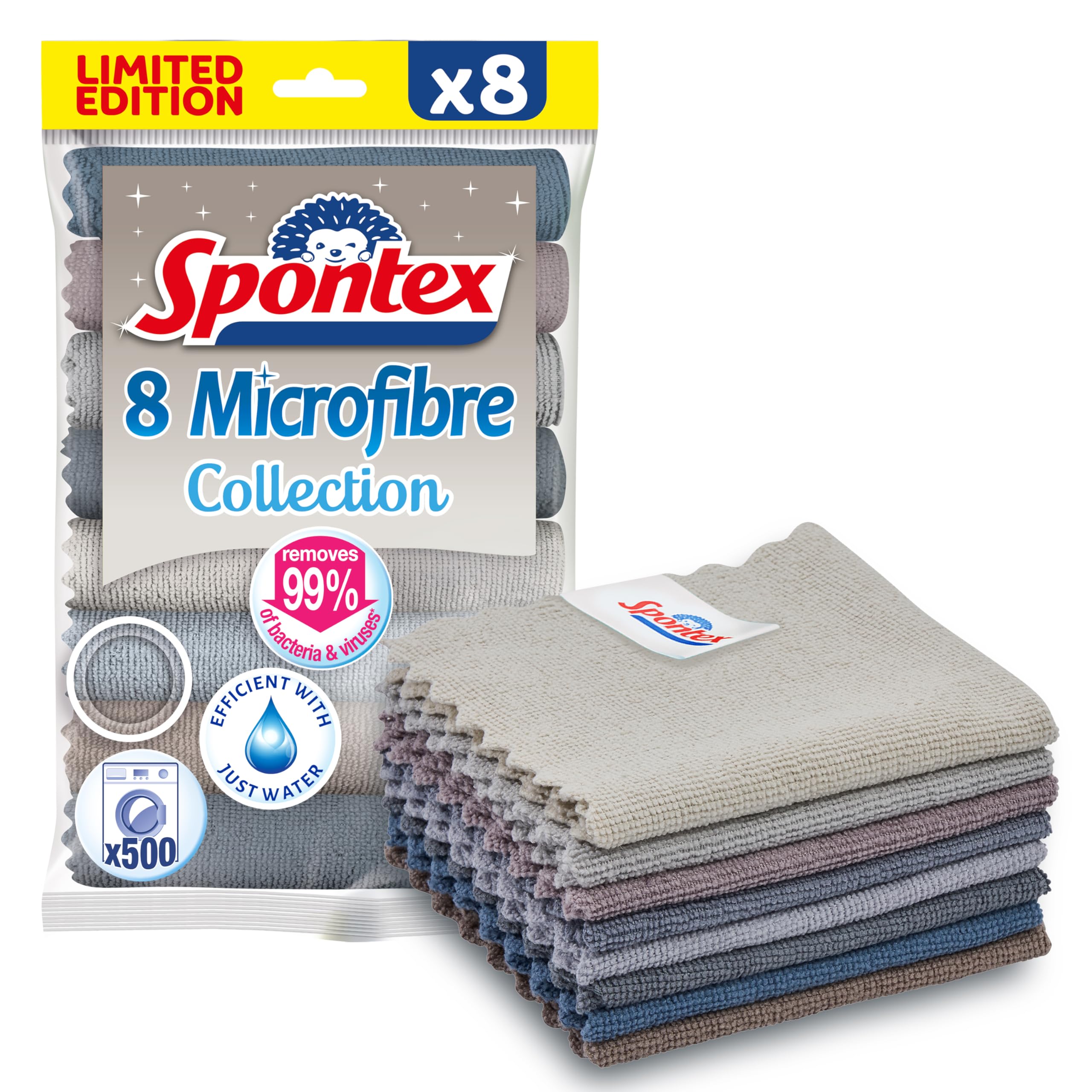 Spontex Microfibre Cloths - 8 Pack | Captures 99% Bacteria | Machine Washable