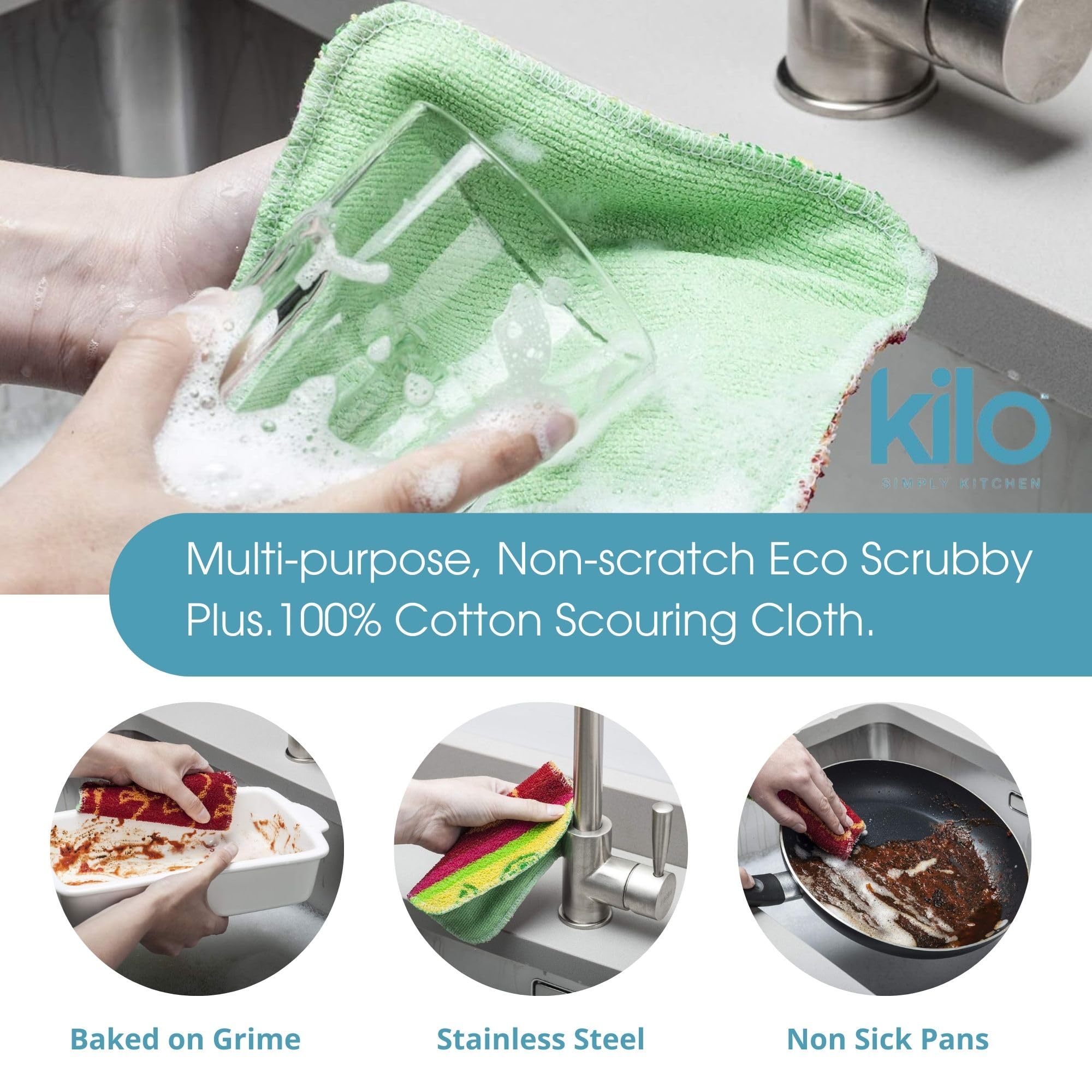Kilo Scrubby Plus Non-Scratch Scourer with Delicate Cloth Side - Set of 3 | Multi-Purpose Cleaning